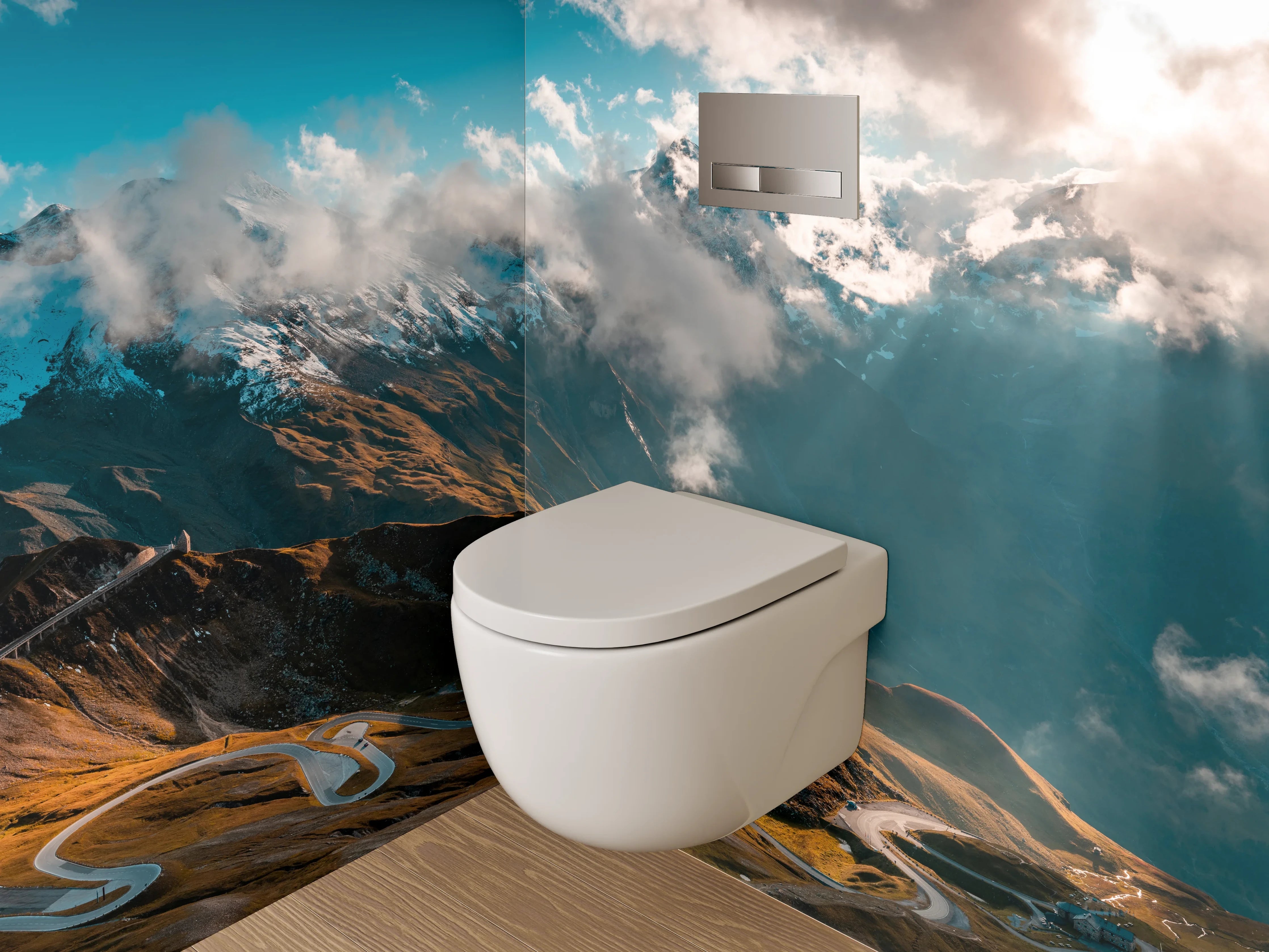 WC-Rückwand - Panorama Alpenstraße und Wolken