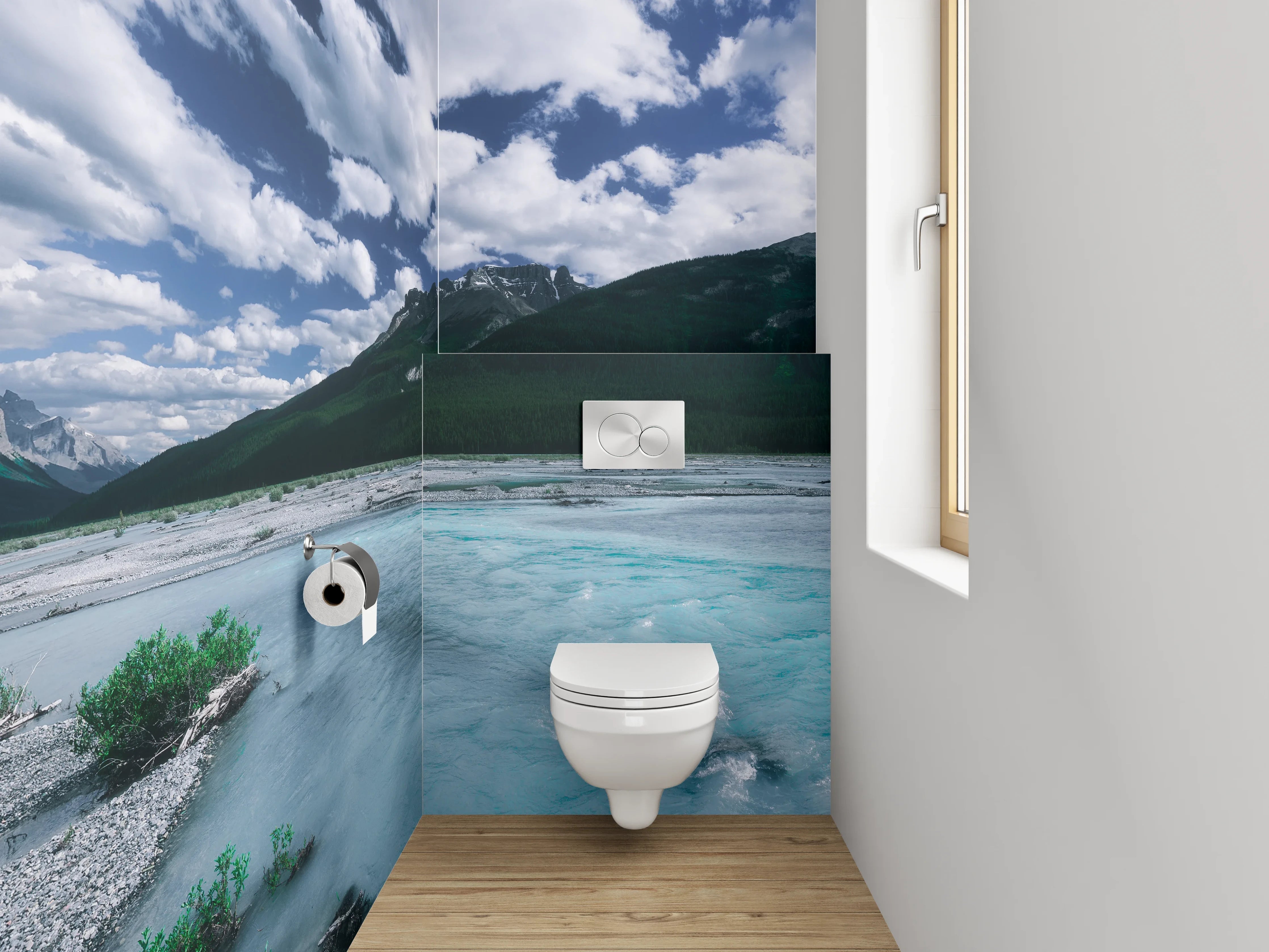 WC-Rückwand - Panorama Berglandschaft mit Fluss