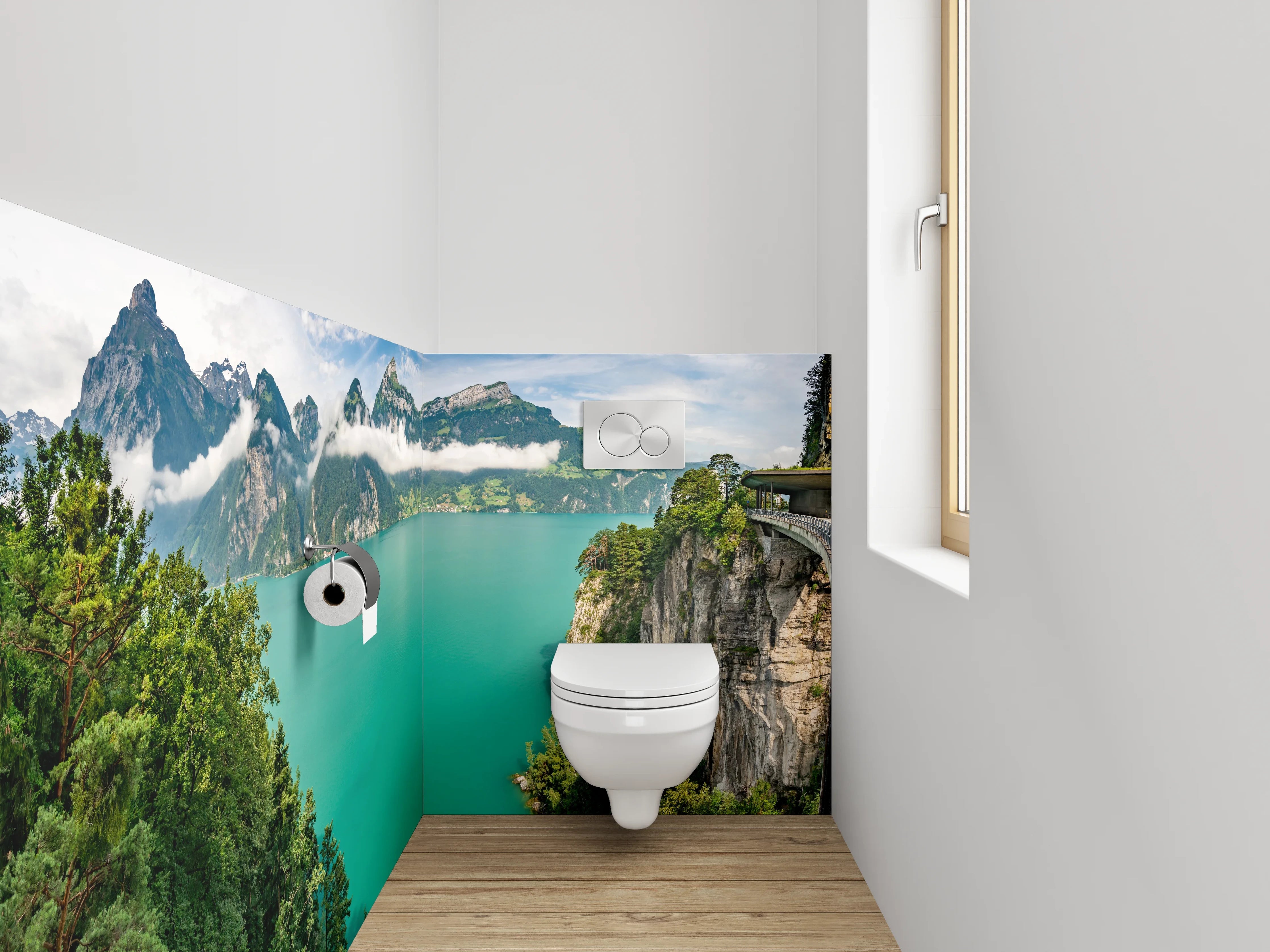 WC-Rückwand - Panorama Bergsee mit Alpenlandschaft