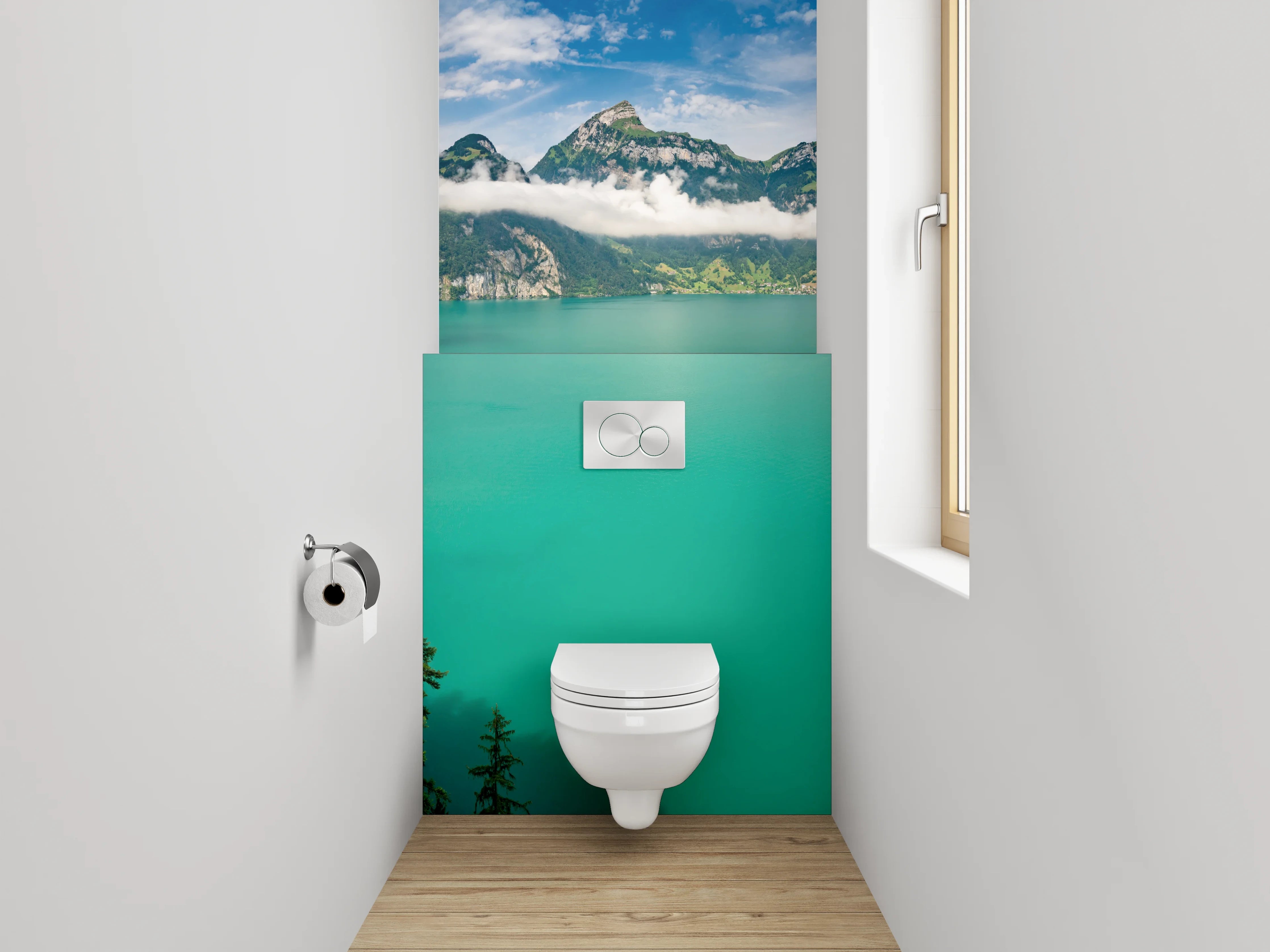 WC-Rückwand - Panorama Bergsee mit Alpenlandschaft