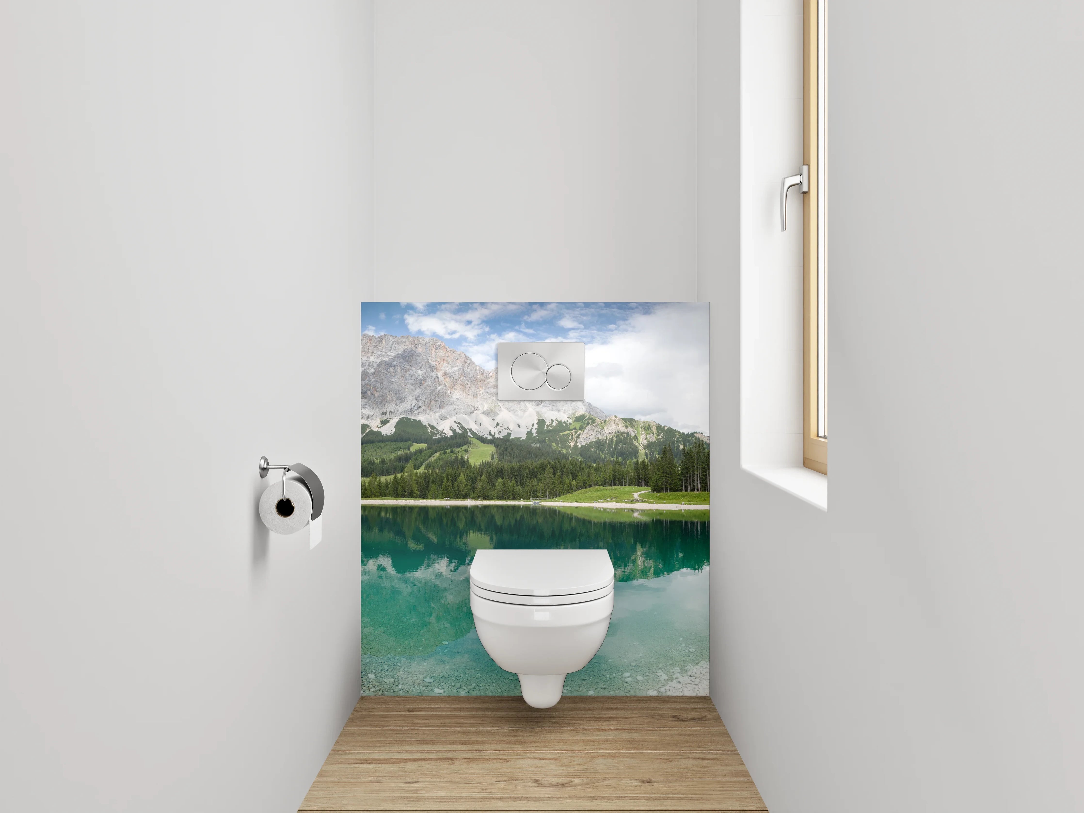 WC-Rückwand - Panorama Bergsee mit Waldspiegelung