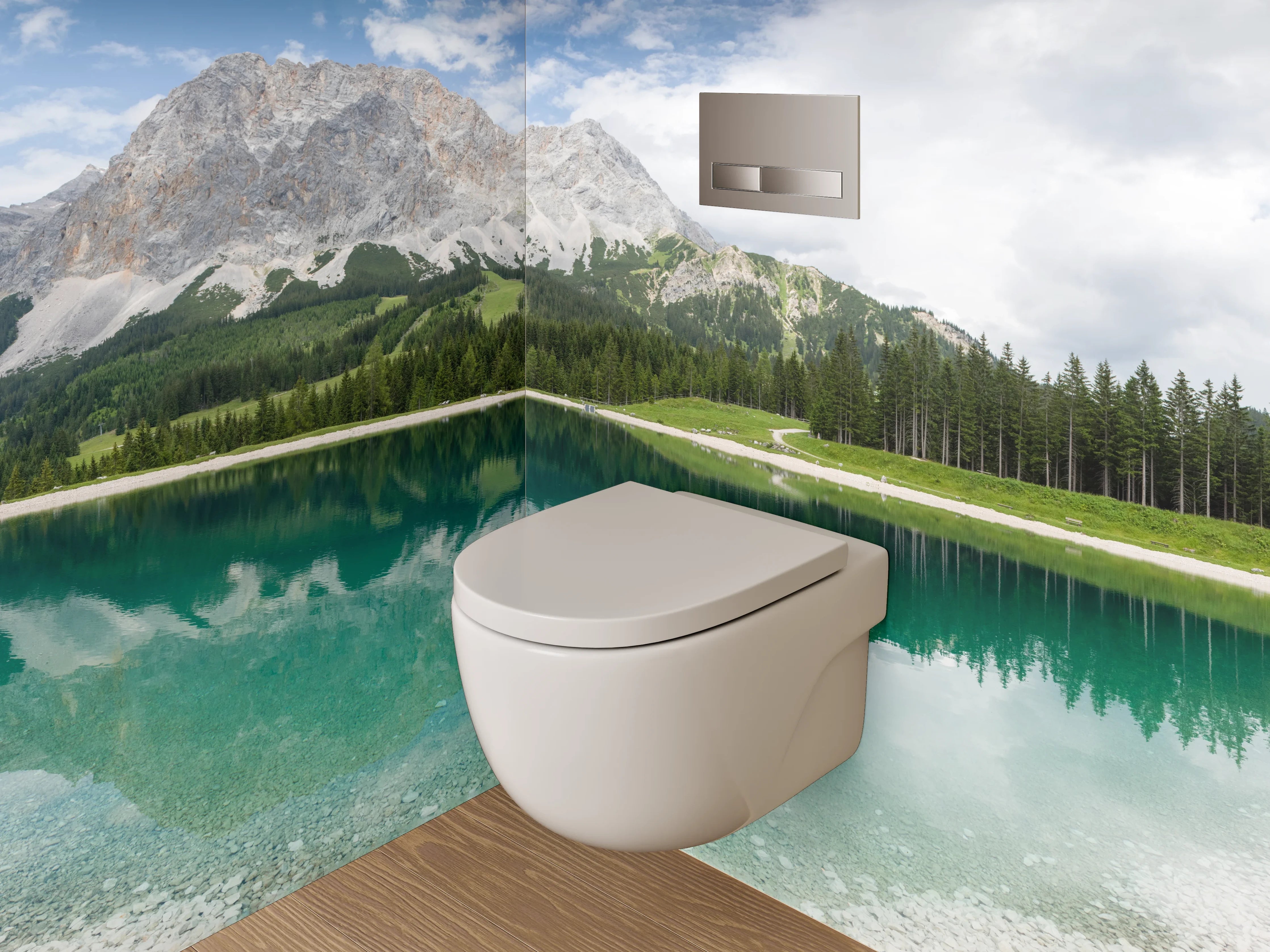 WC-Rückwand - Panorama Bergsee mit Waldspiegelung