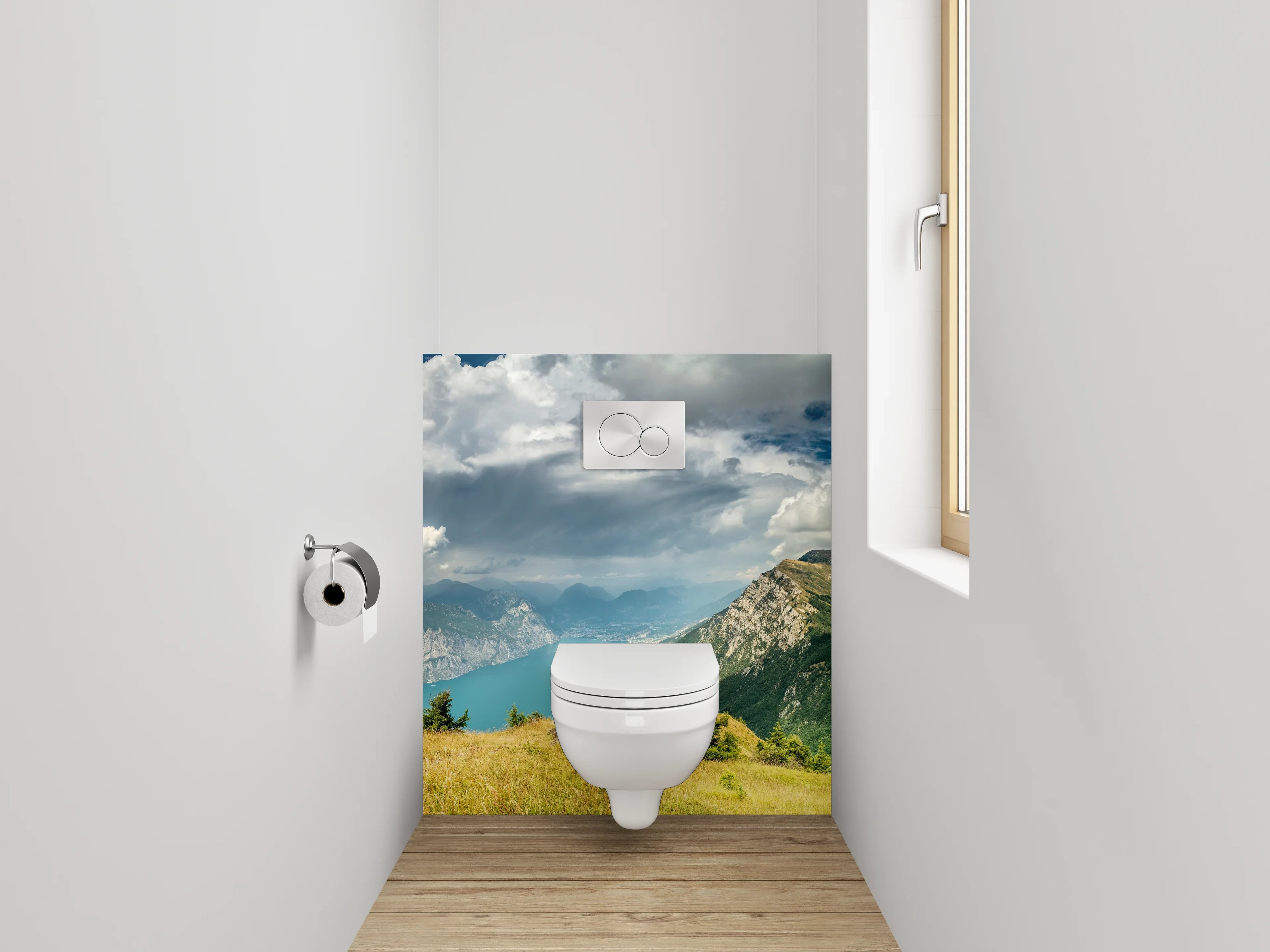 WC-Rückwand - Panorama Blick auf Alpengipfel und See