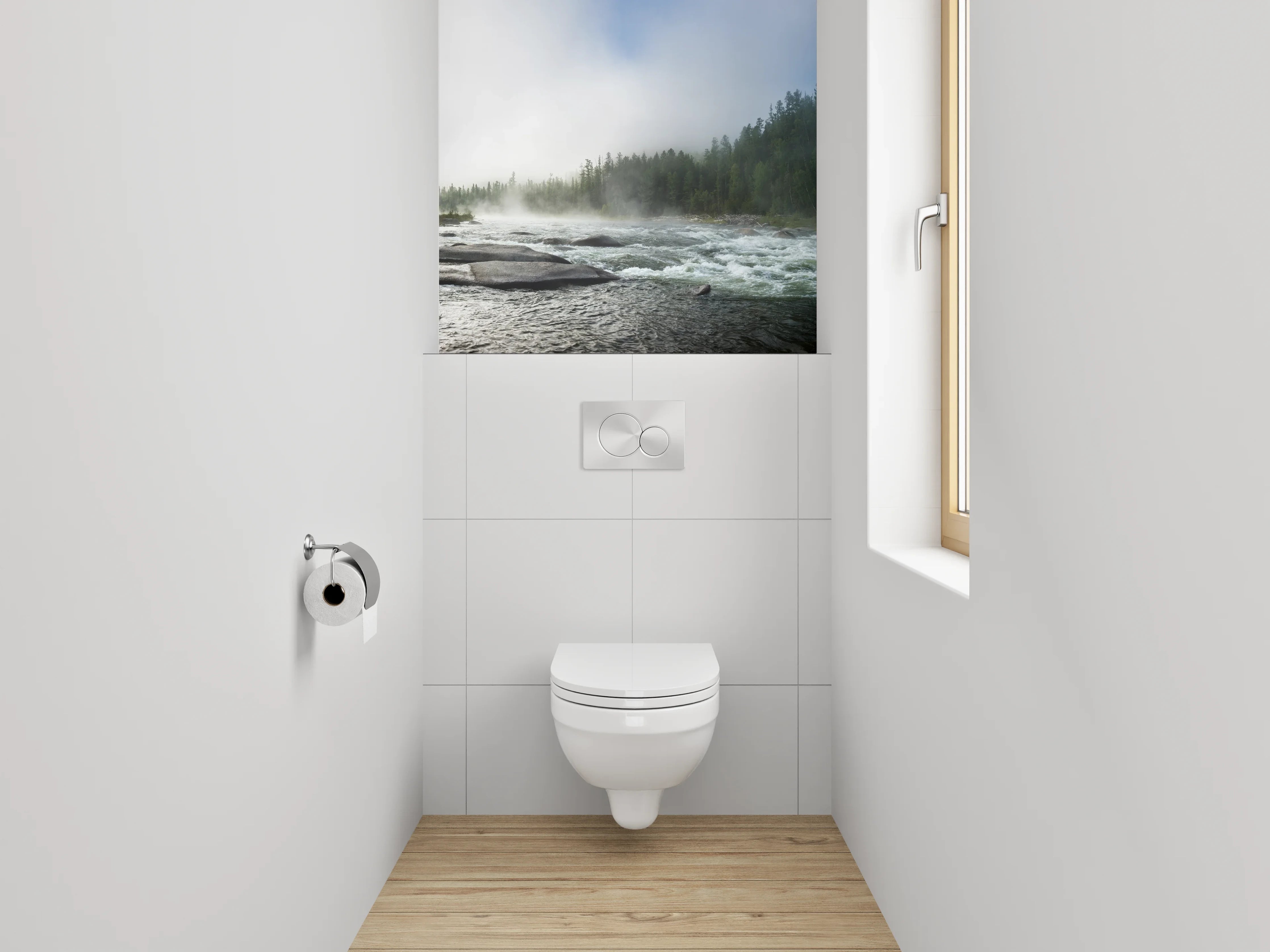 WC-Rückwand - Panorama Flusslandschaft Wald Nebel