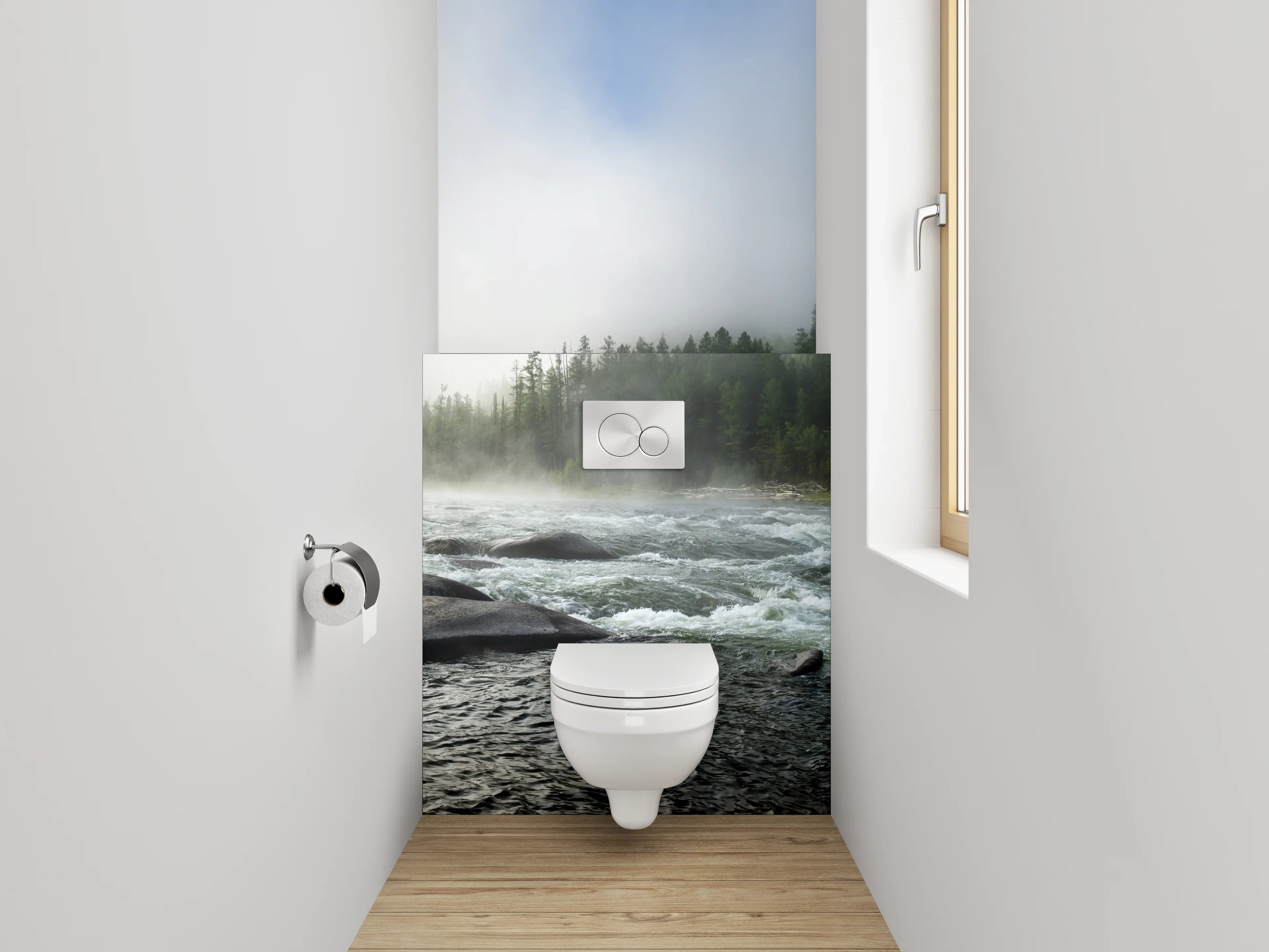 WC-Rückwand - Panorama Flusslandschaft Wald Nebel