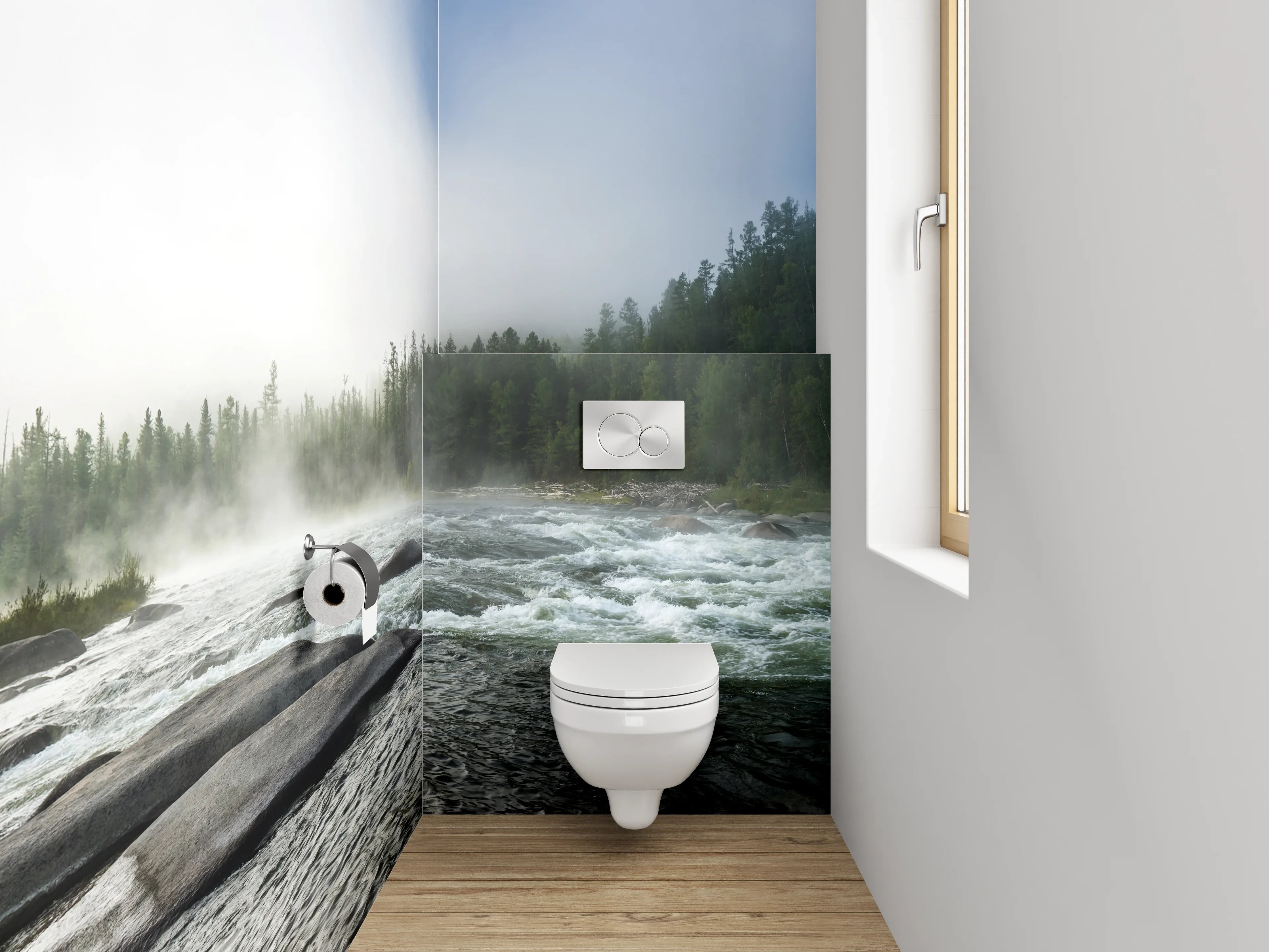 WC-Rückwand - Panorama Flusslandschaft Wald Nebel
