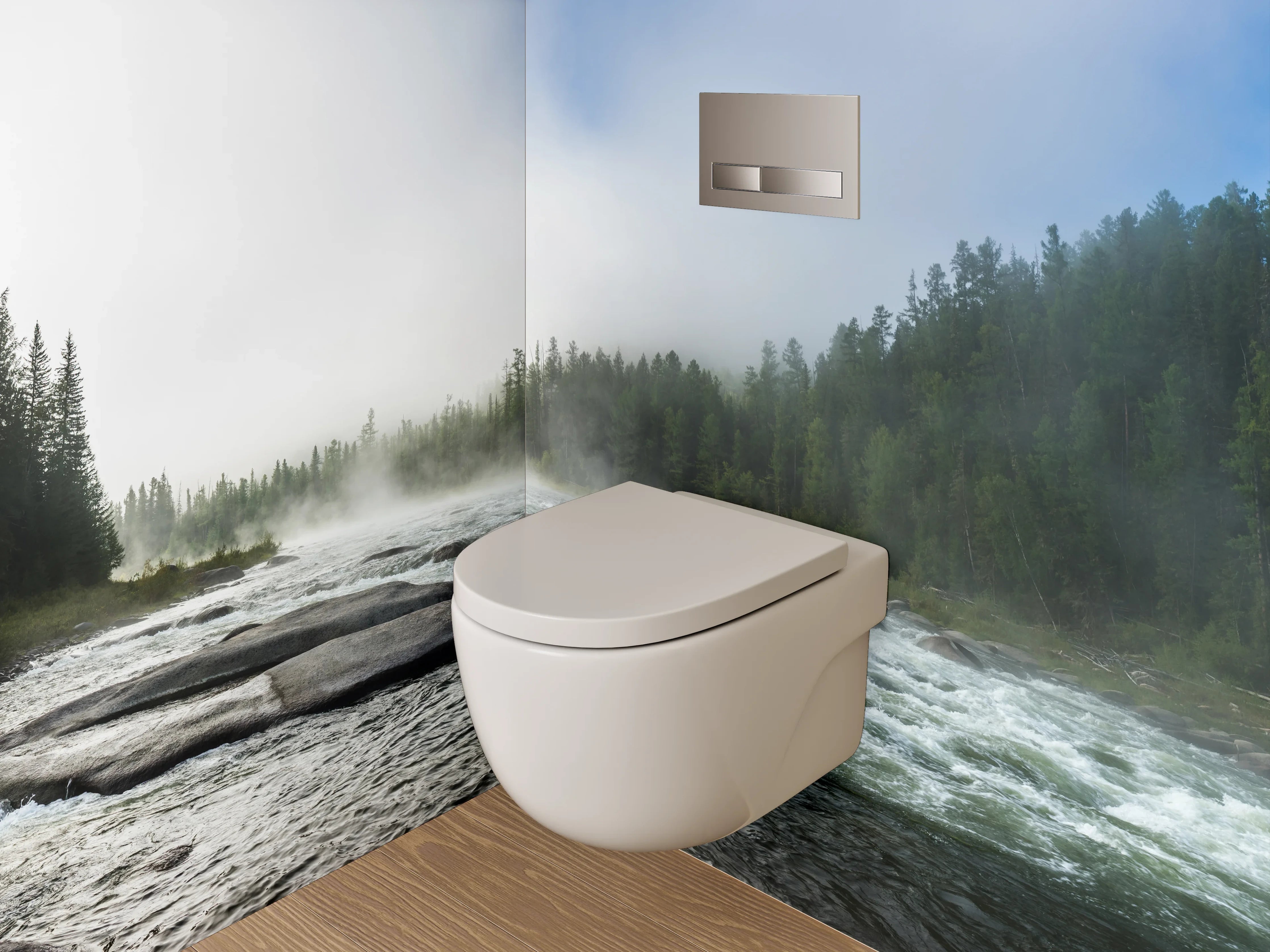 WC-Rückwand - Panorama Flusslandschaft Wald Nebel