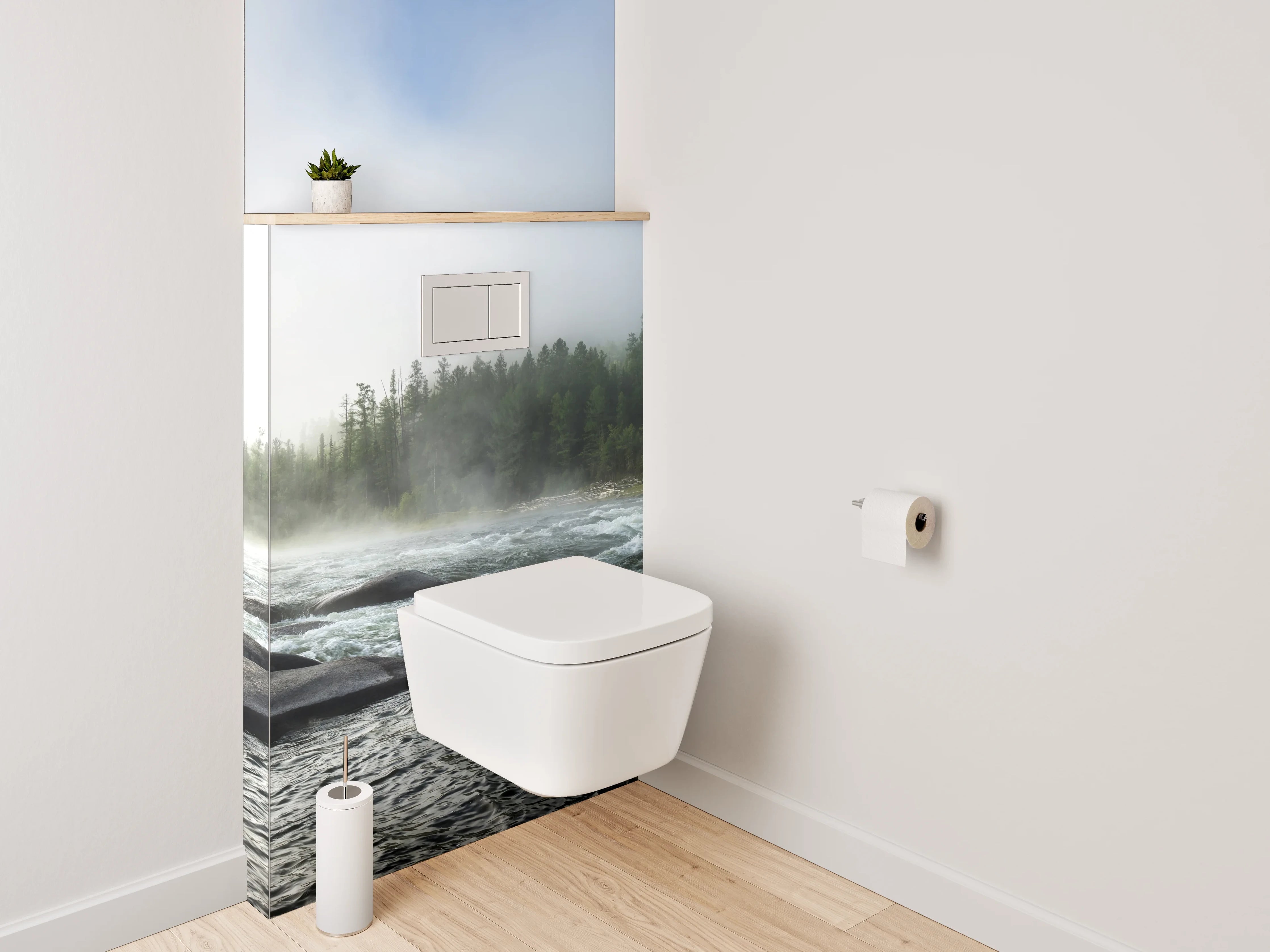 WC-Rückwand - Panorama Flusslandschaft Wald Nebel