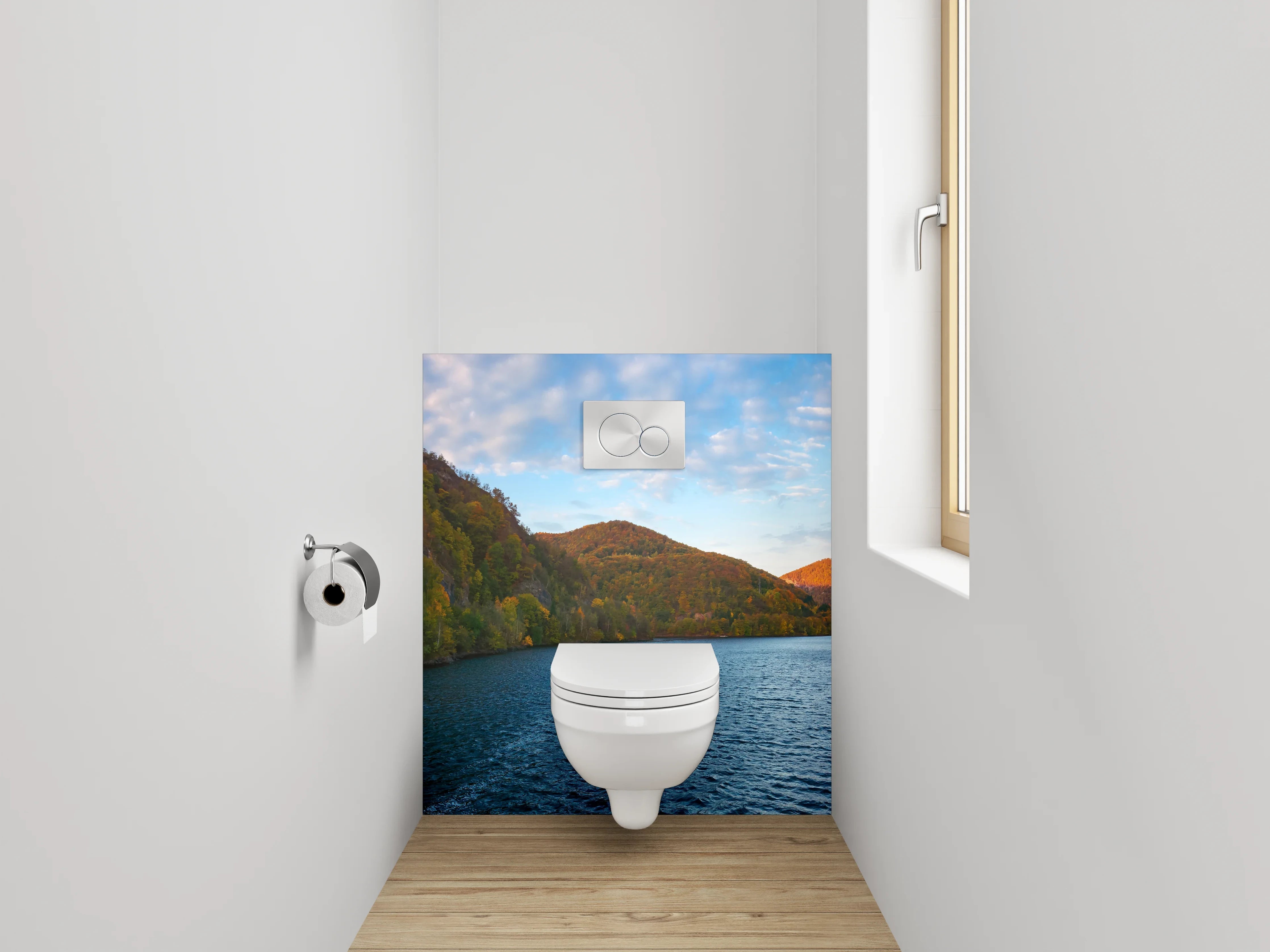 WC-Rückwand - Panorama-See mit Herbstwald
