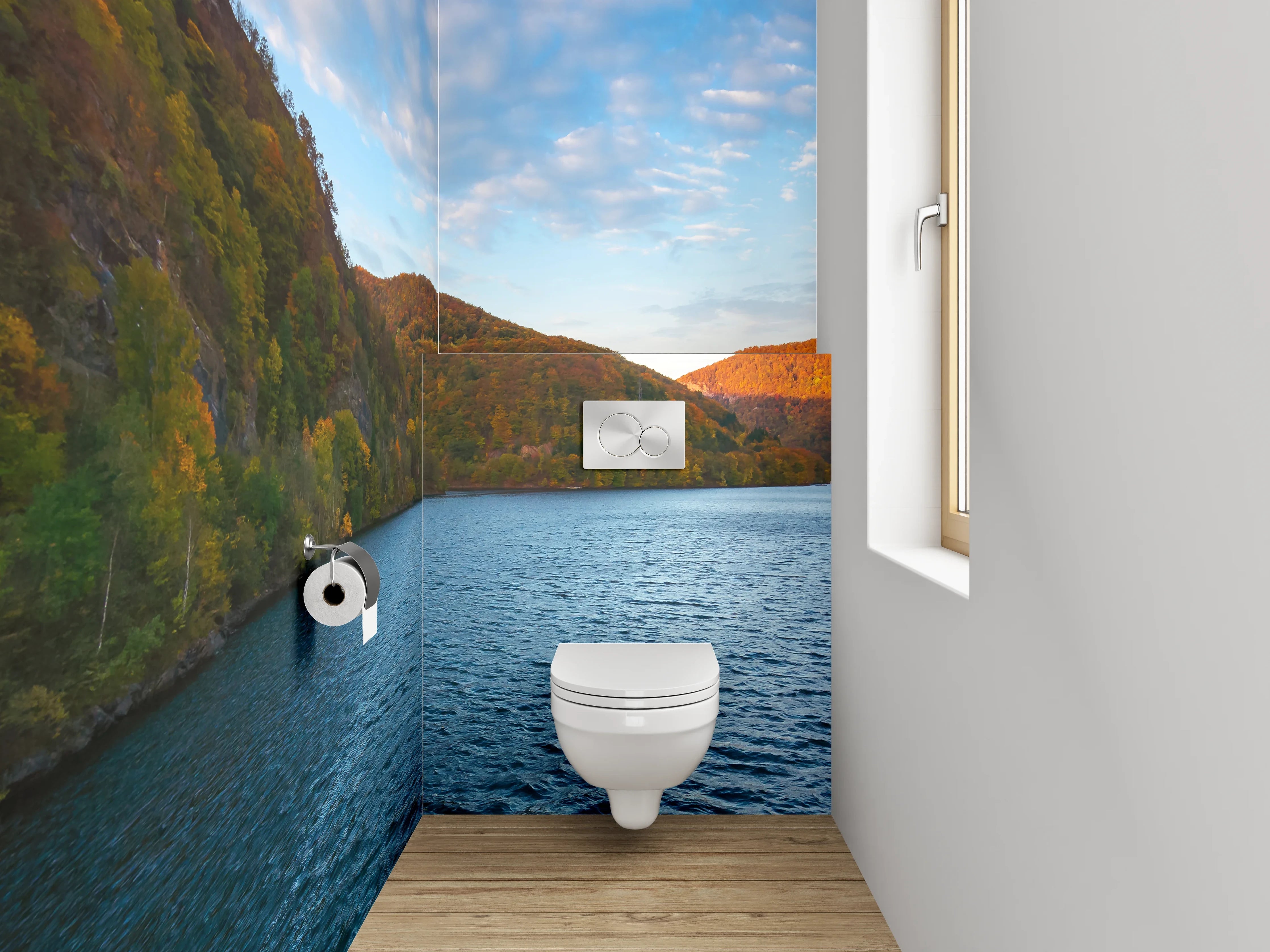 WC-Rückwand - Panorama-See mit Herbstwald