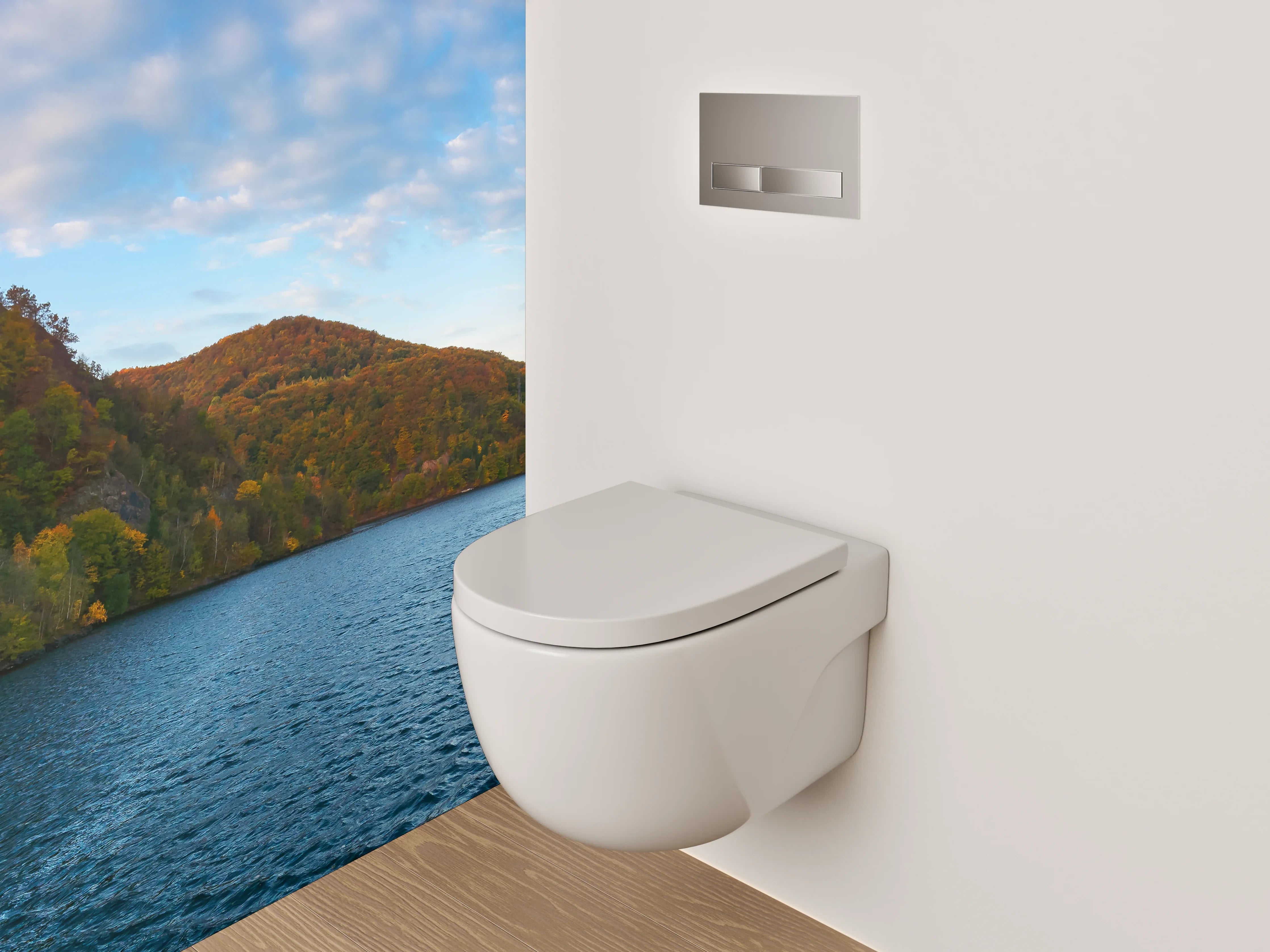WC-Rückwand - Panorama-See mit Herbstwald