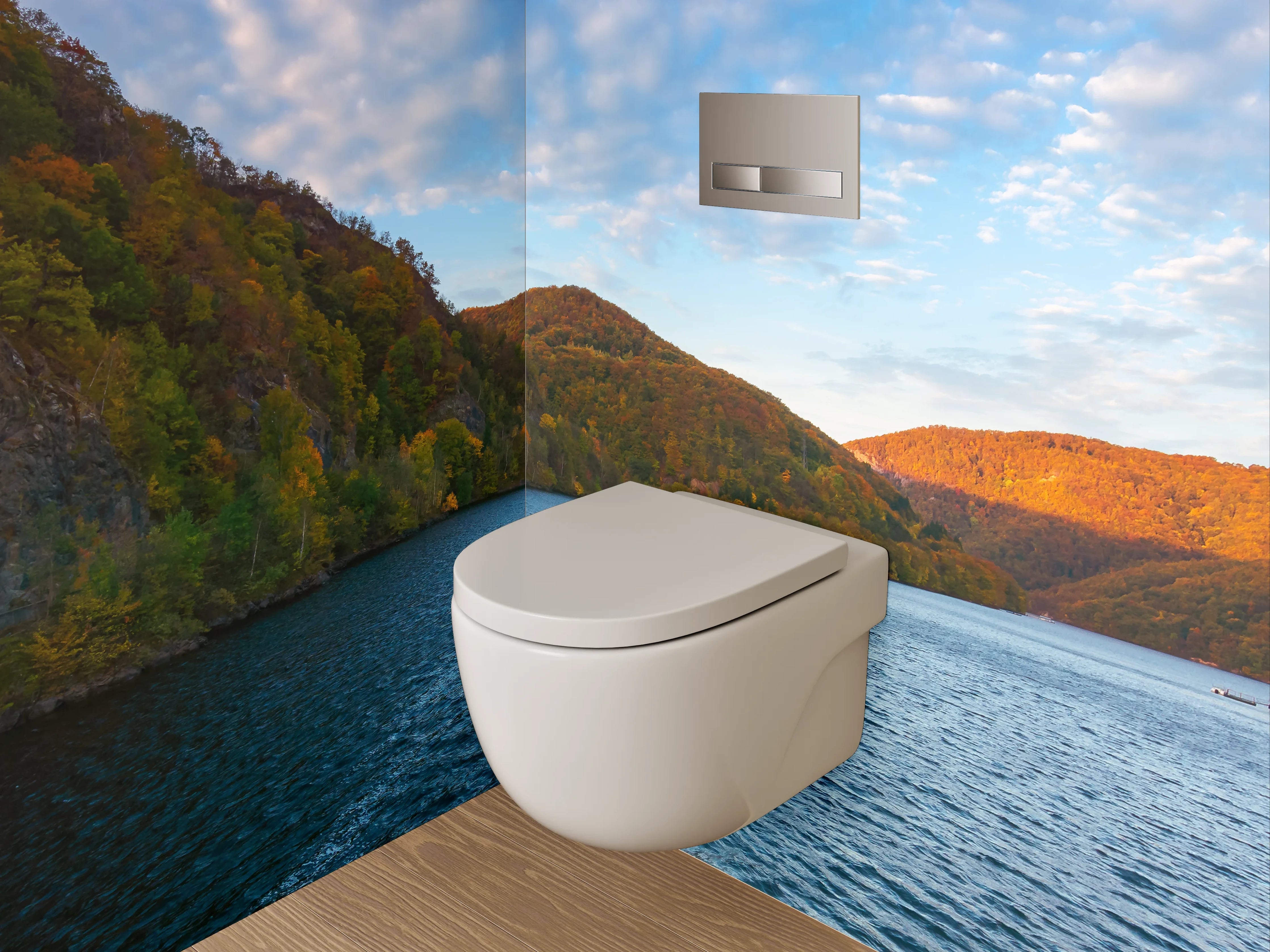 WC-Rückwand - Panorama-See mit Herbstwald