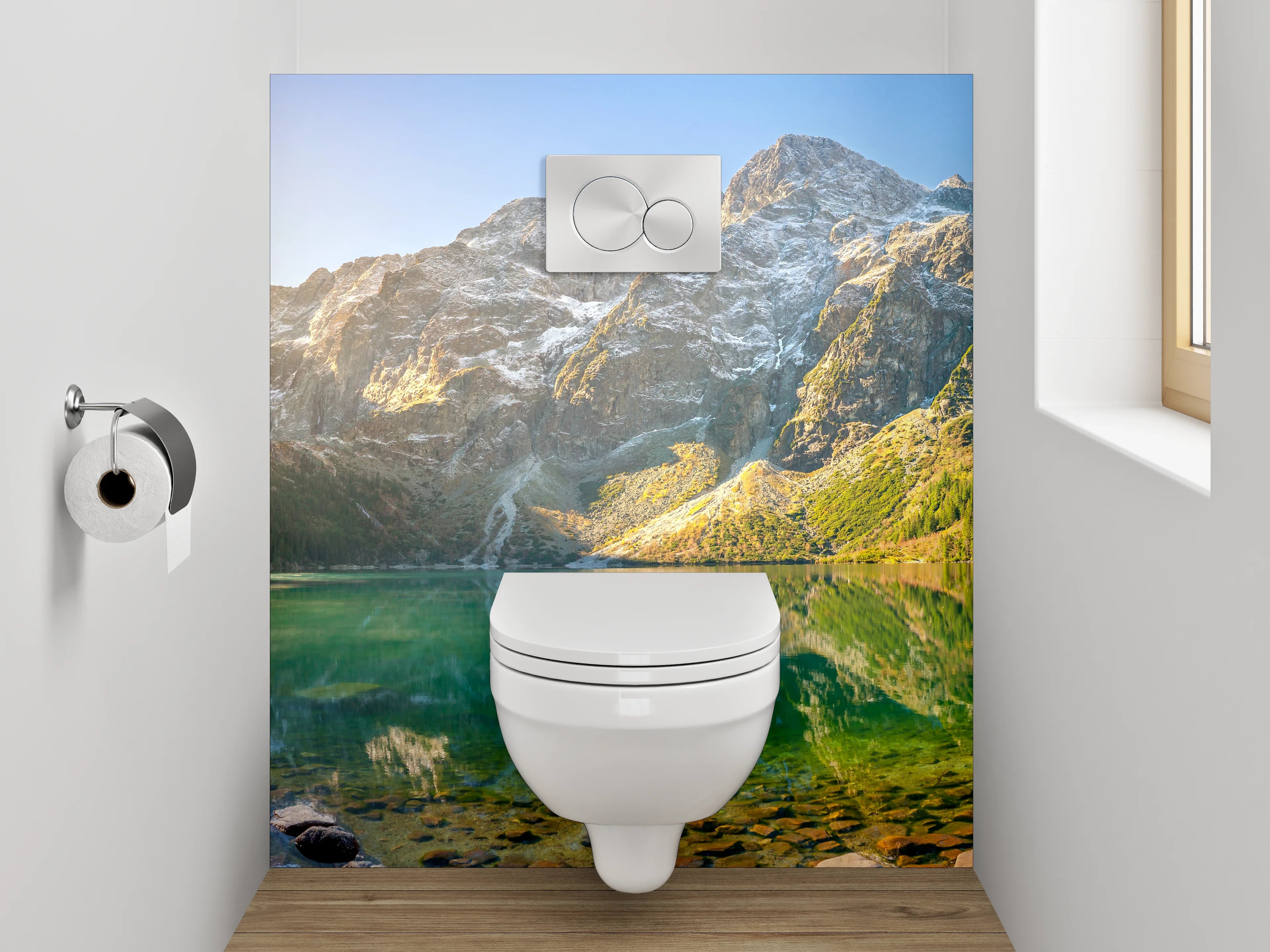 WC-Rückwand - Panorama See und Berge Sonnenaufgang