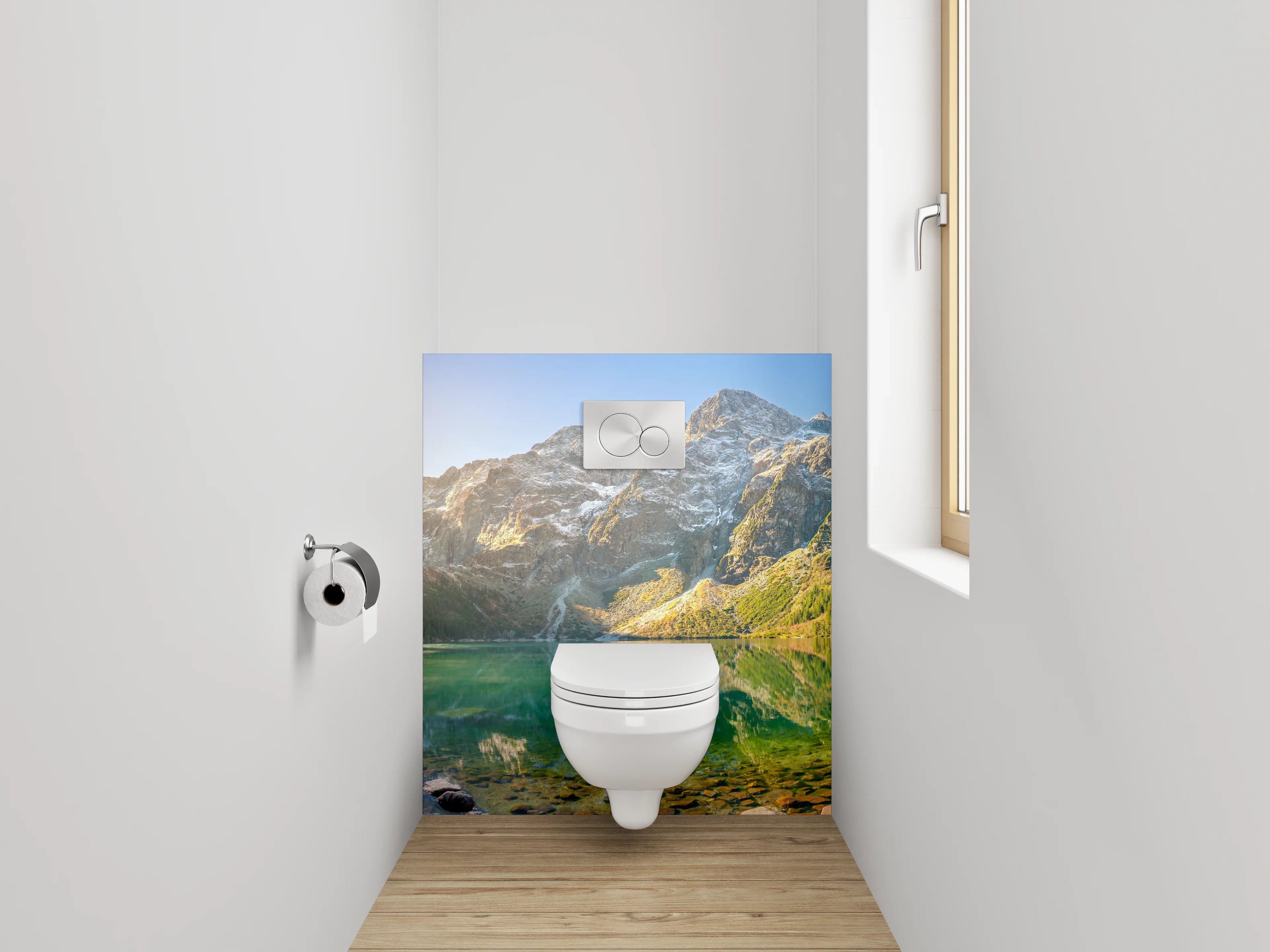 WC-Rückwand - Panorama See und Berge Sonnenaufgang