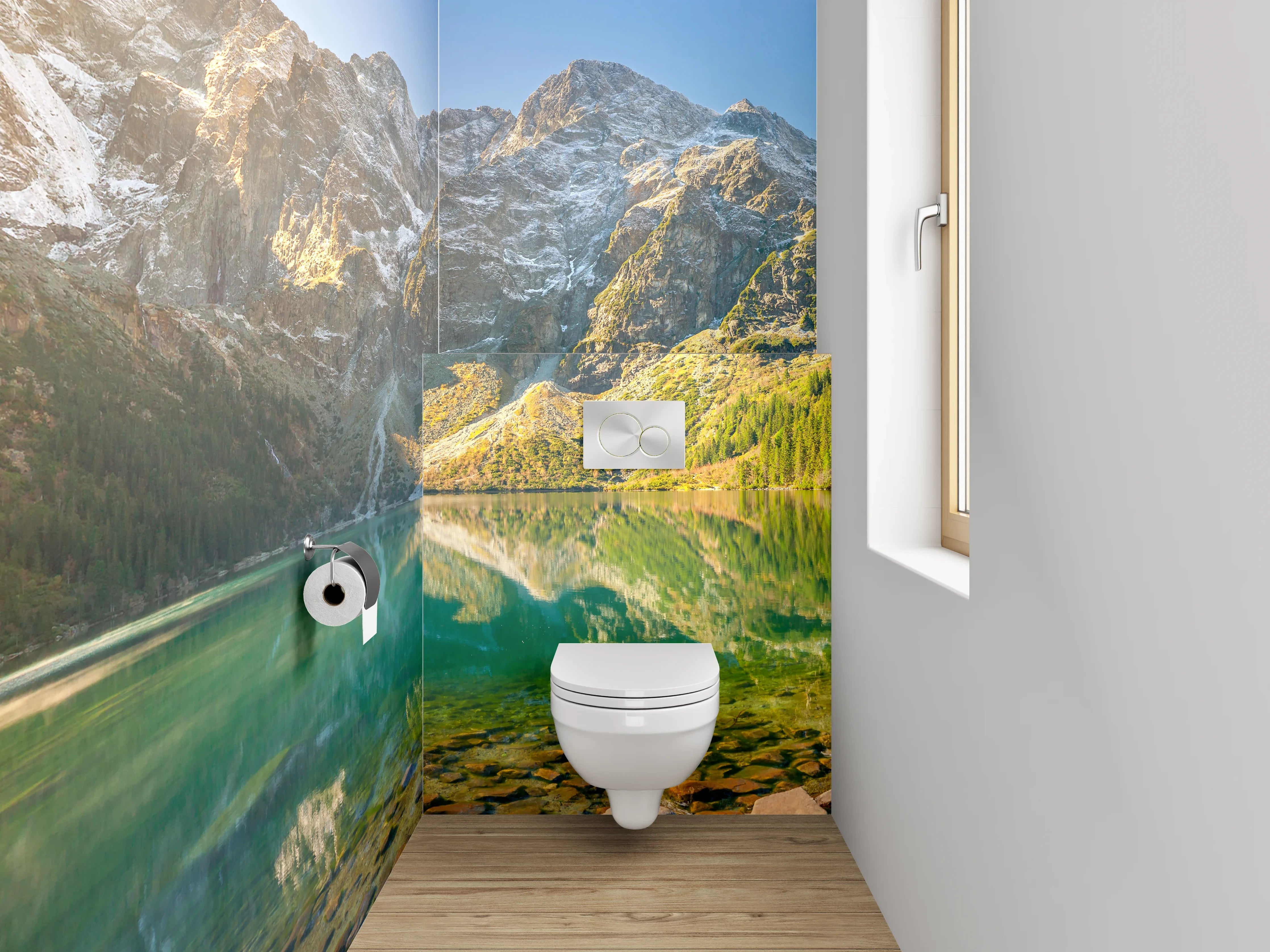 WC-Rückwand - Panorama See und Berge Sonnenaufgang