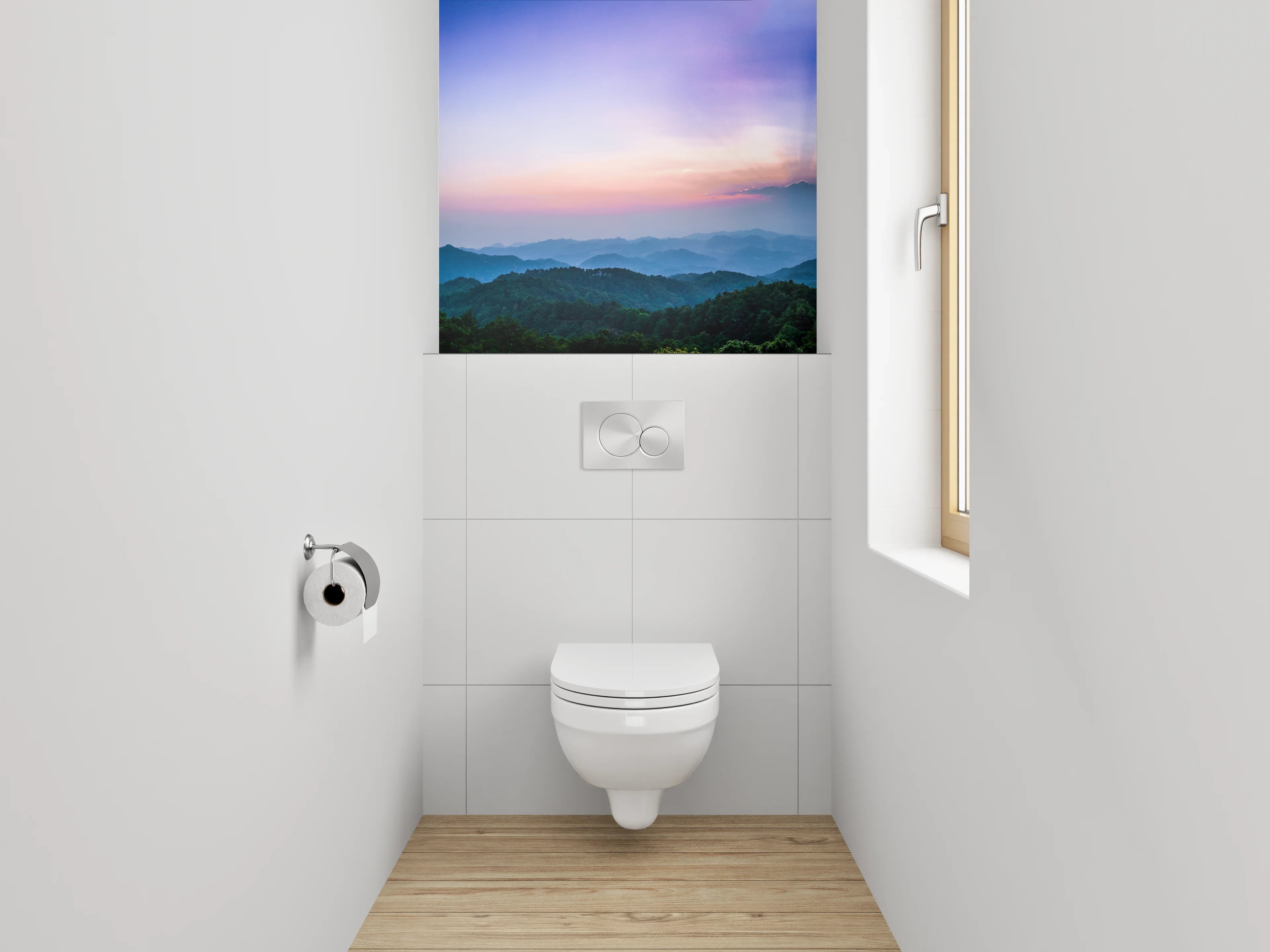 WC-Rückwand - Panorama Sonnenaufgang über Berglandschaft
