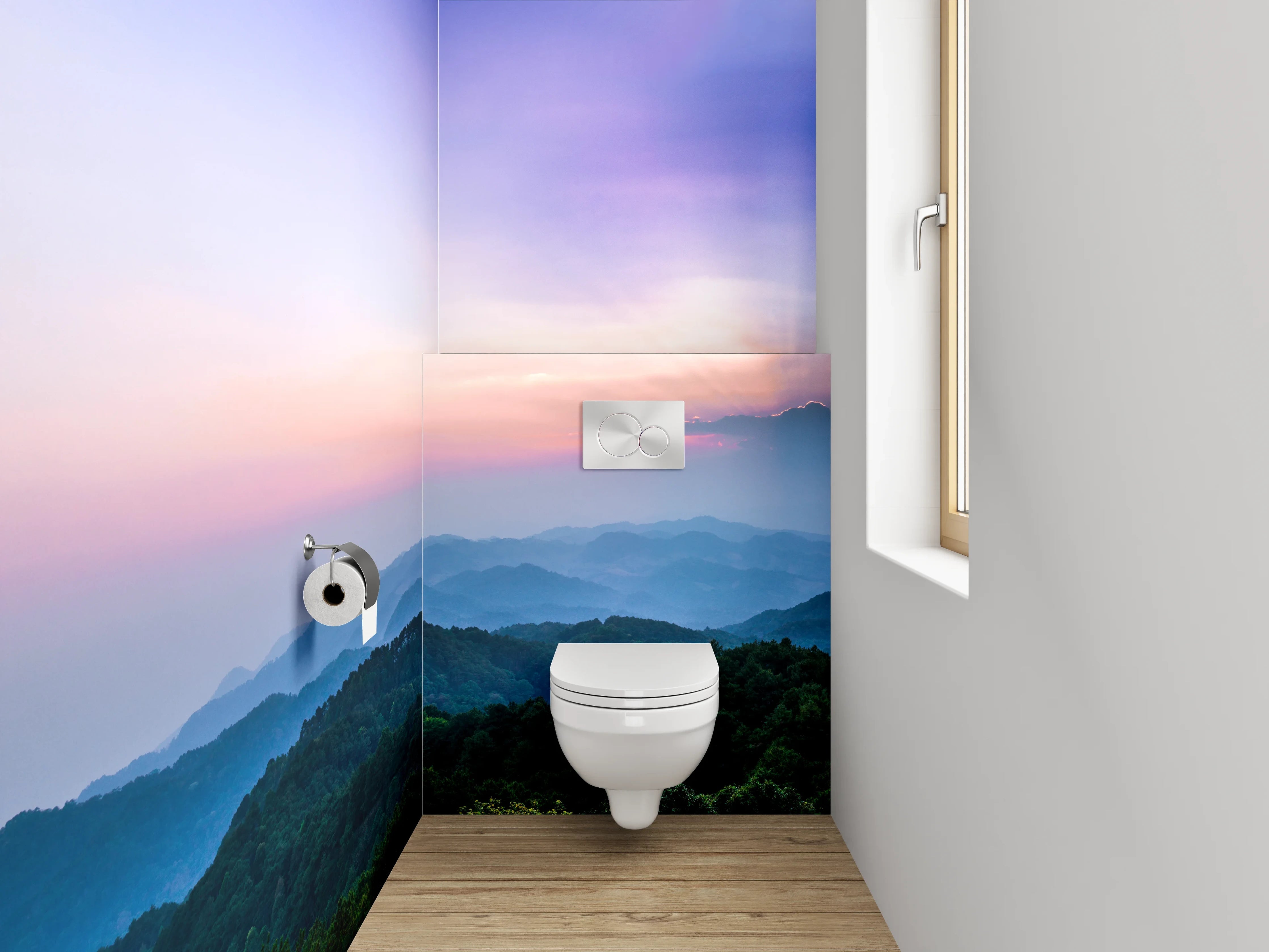 WC-Rückwand - Panorama Sonnenaufgang über Berglandschaft