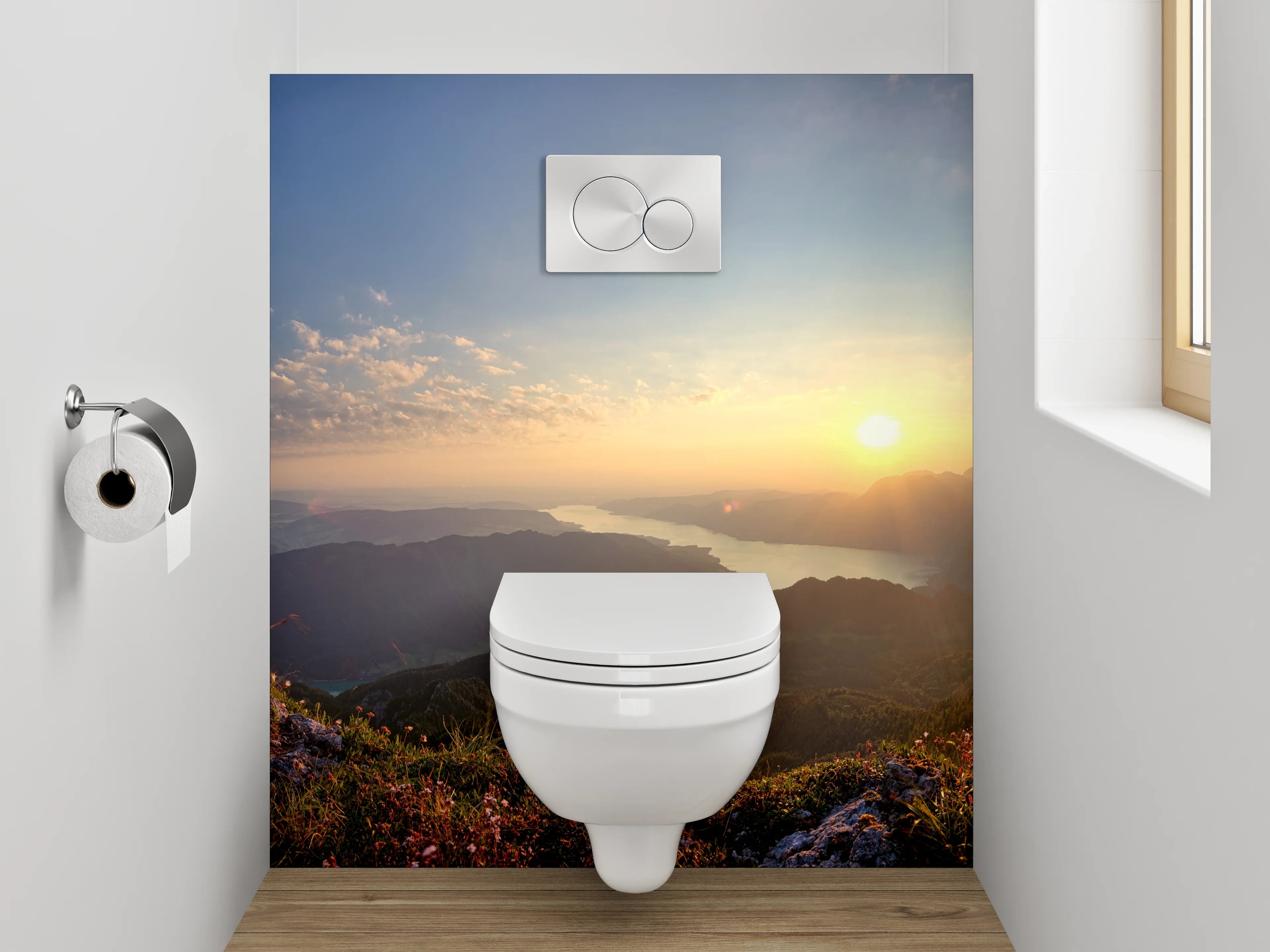 WC-Rückwand - Panorama Sonnenuntergang Berge See