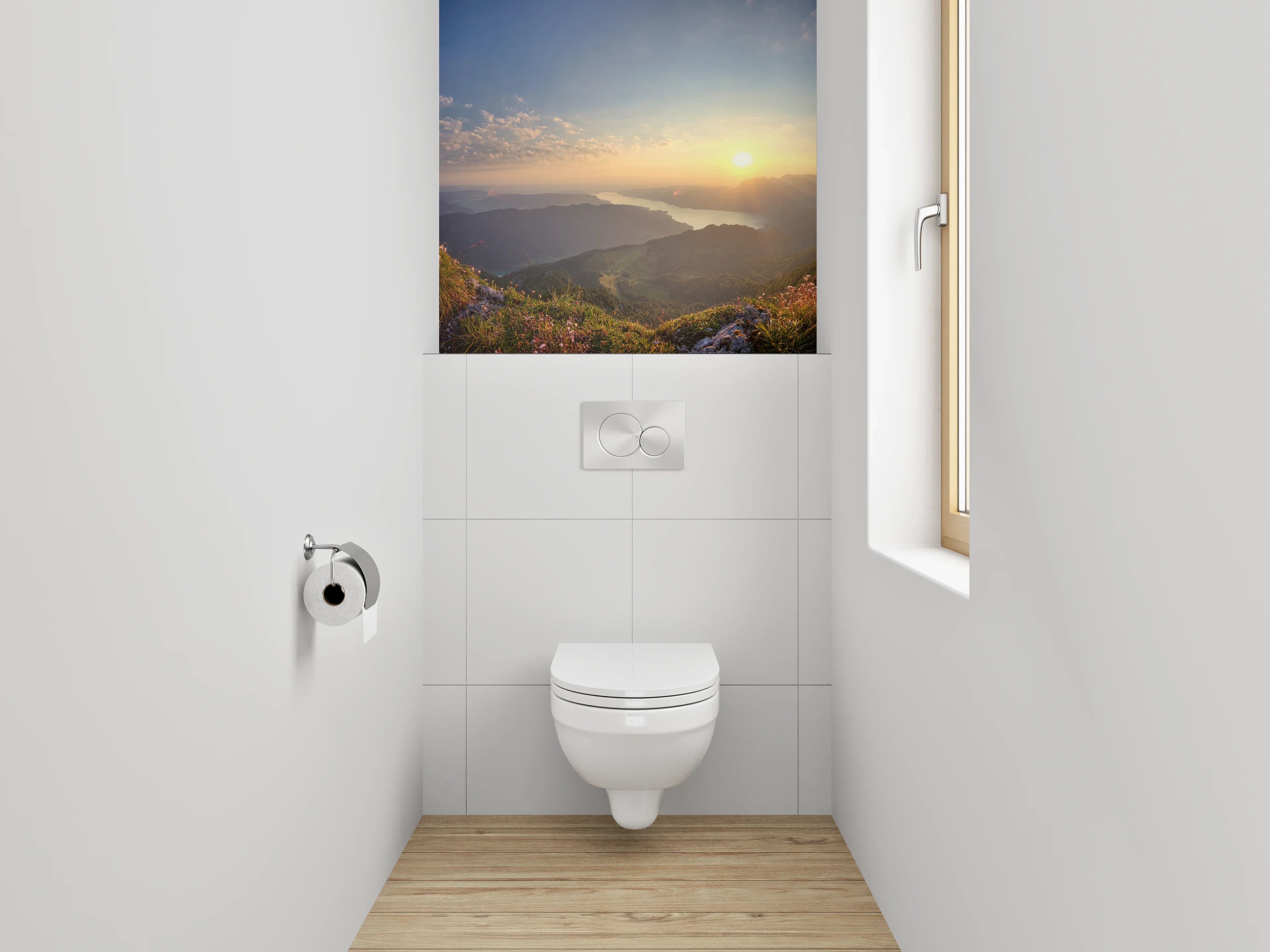 WC-Rückwand - Panorama Sonnenuntergang Berge See