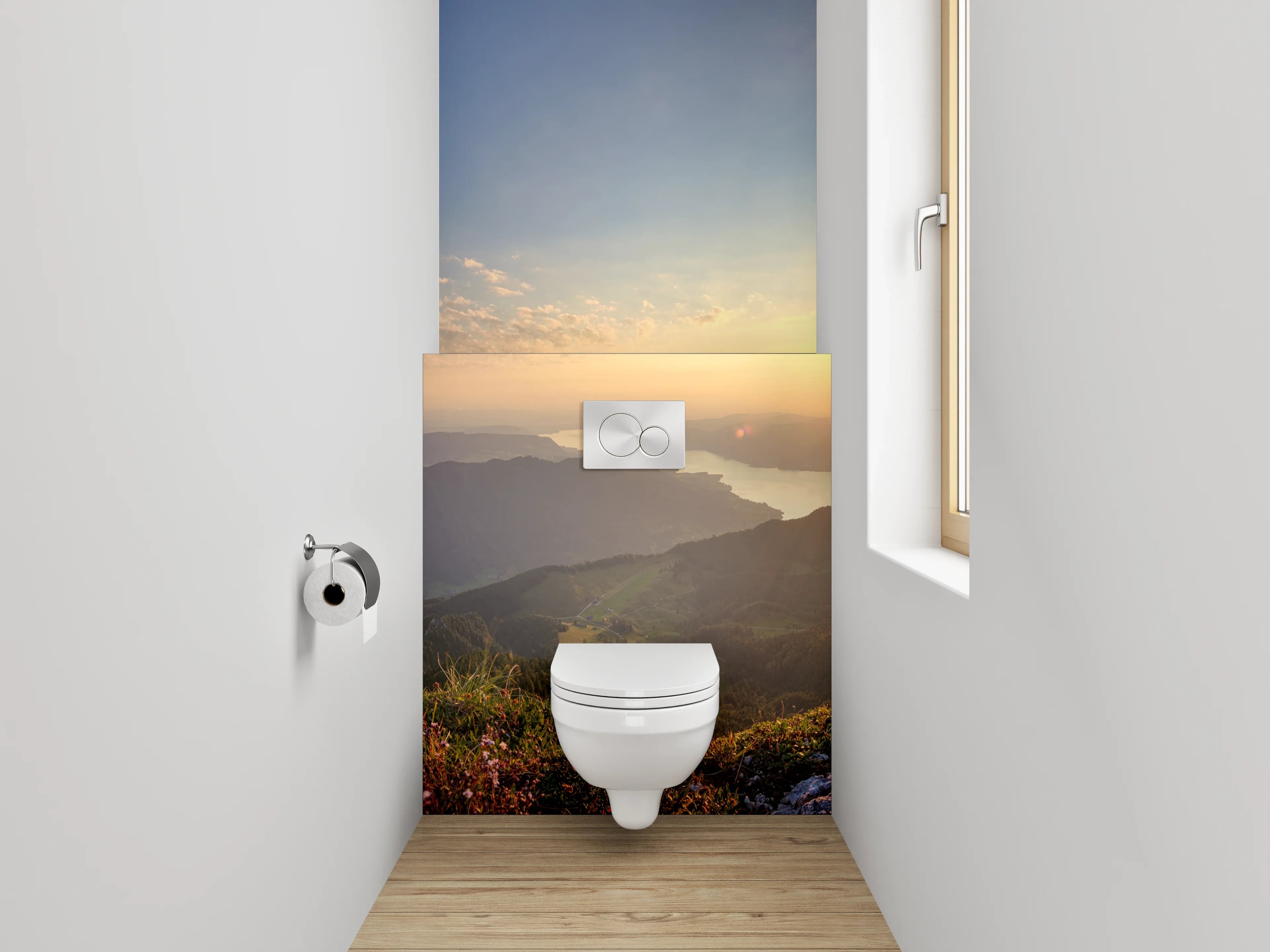 WC-Rückwand - Panorama Sonnenuntergang Berge See