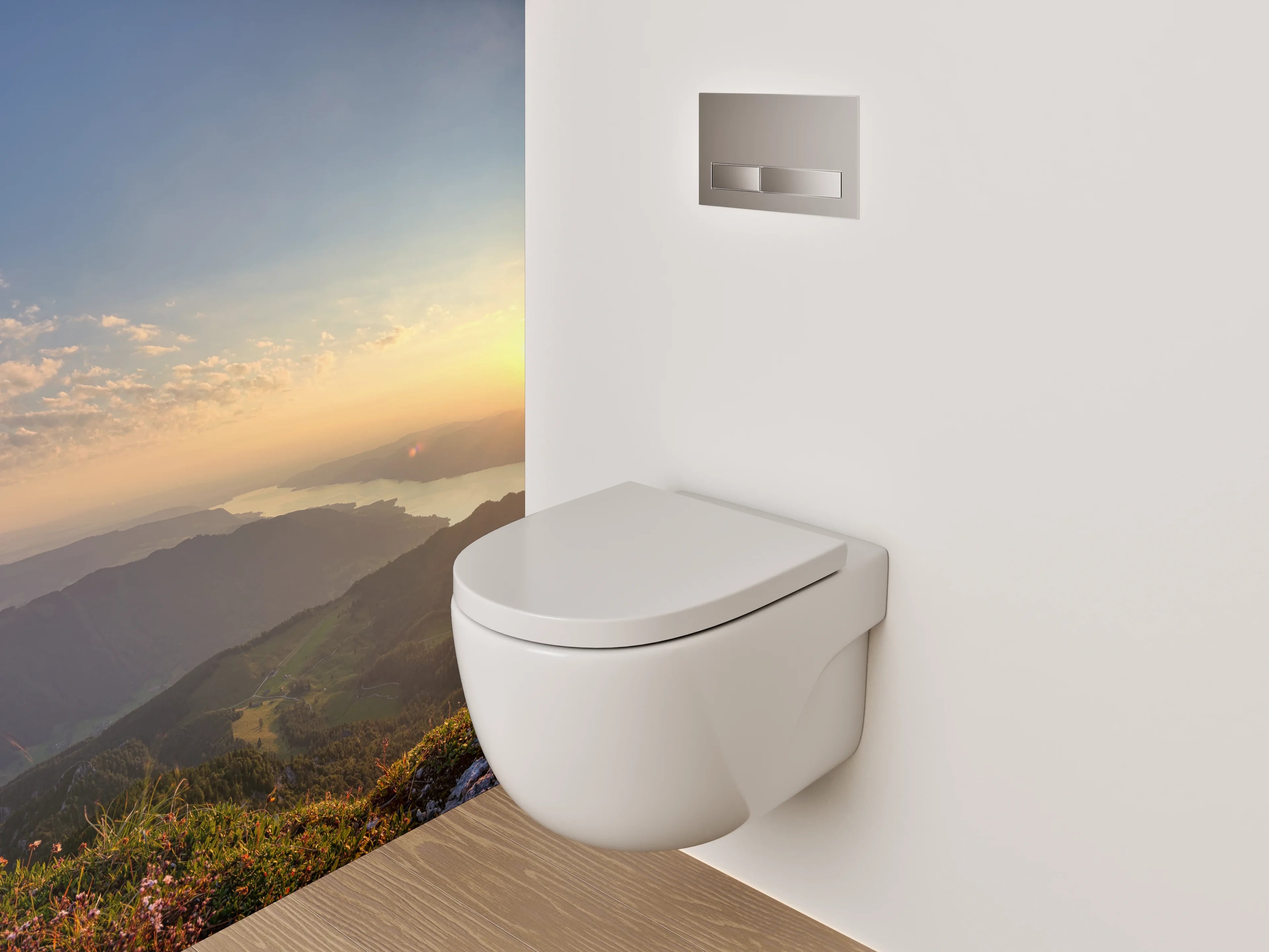 WC-Rückwand - Panorama Sonnenuntergang Berge See