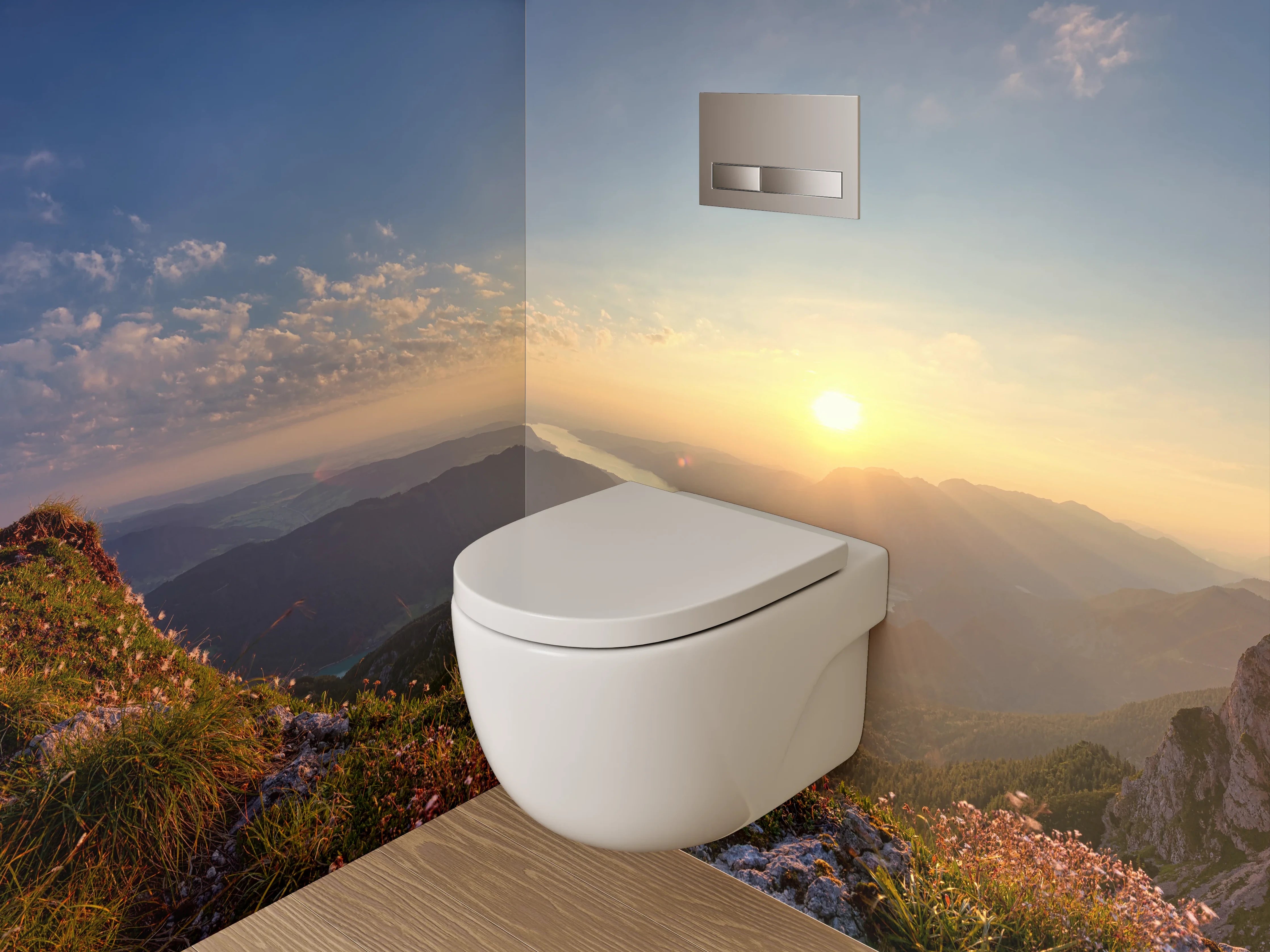WC-Rückwand - Panorama Sonnenuntergang Berge See