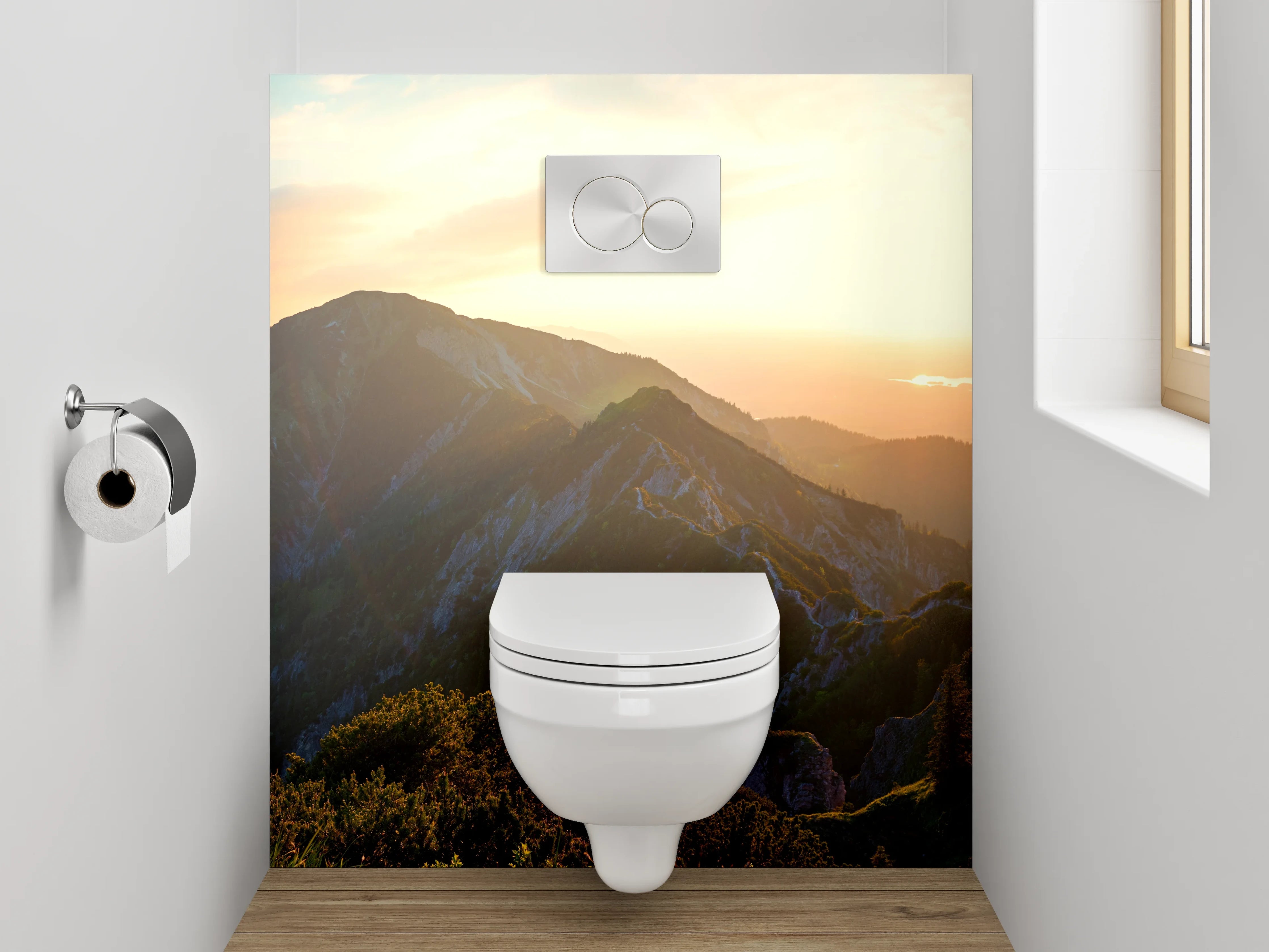 WC-Rückwand - Panorama Sonnenuntergang Gebirgslandschaft
