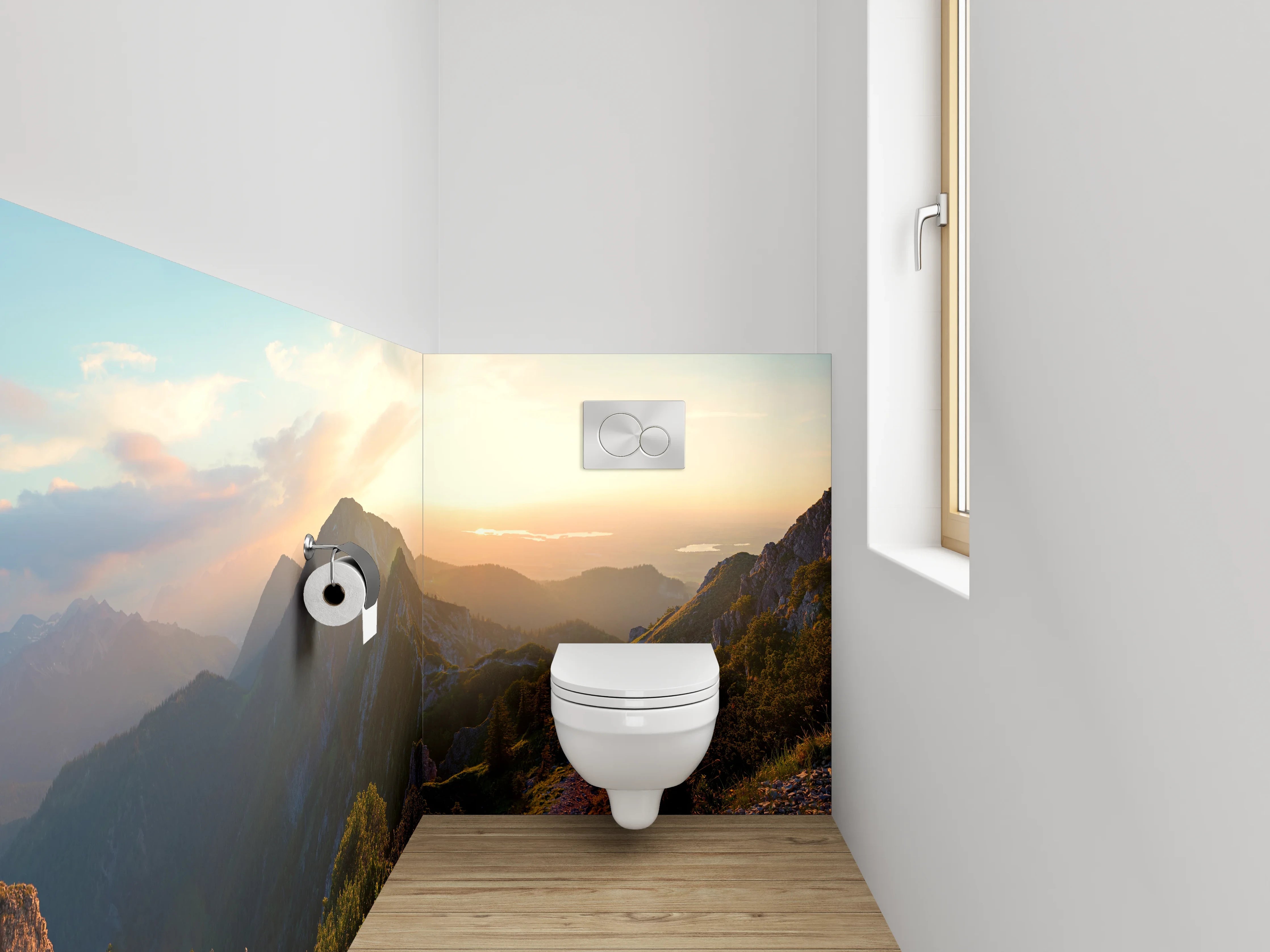 WC-Rückwand - Panorama Sonnenuntergang Gebirgslandschaft