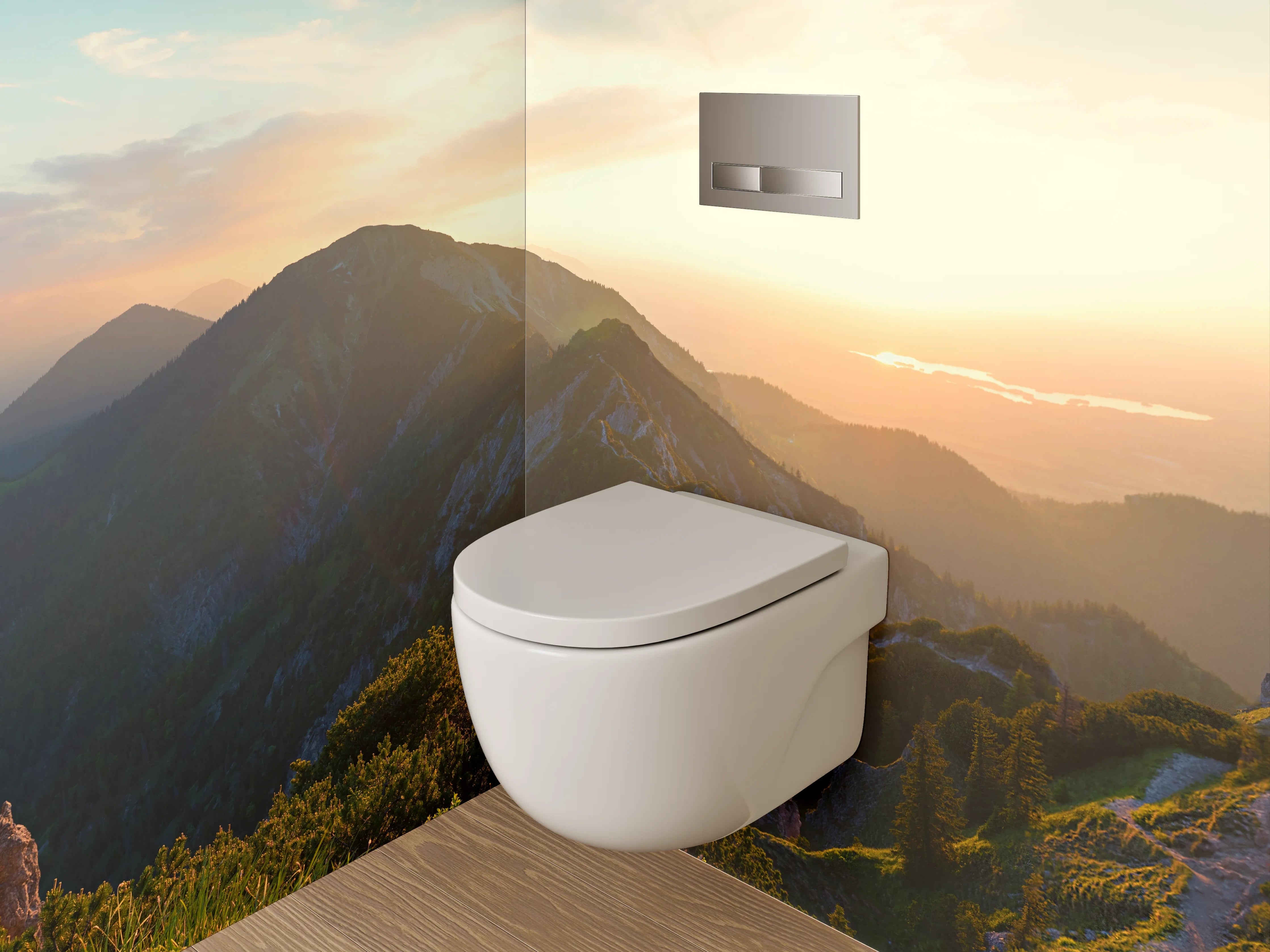 WC-Rückwand - Panorama Sonnenuntergang Gebirgslandschaft