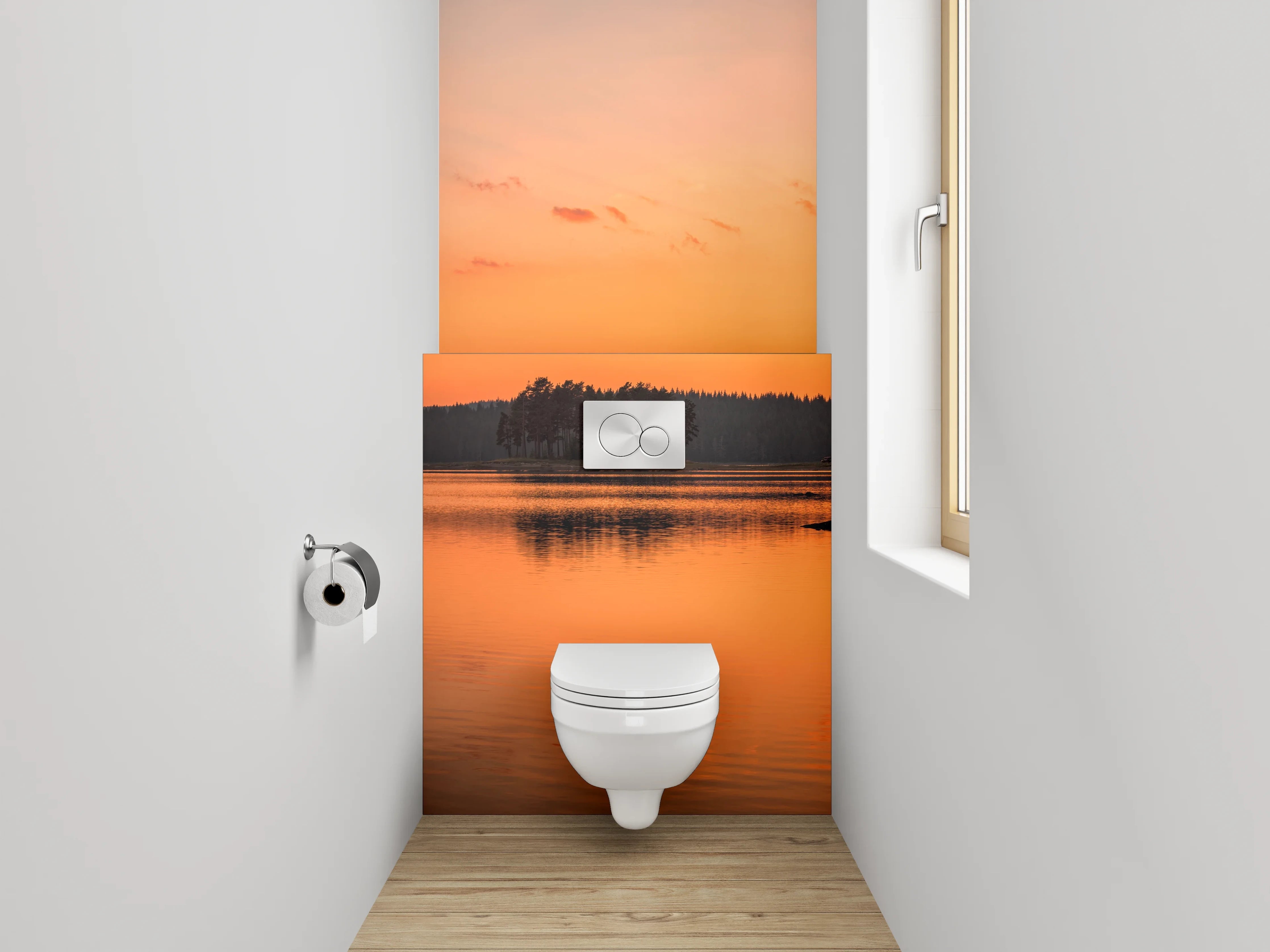 WC-Rückwand - Panorama Sonnenuntergang am Seeufer