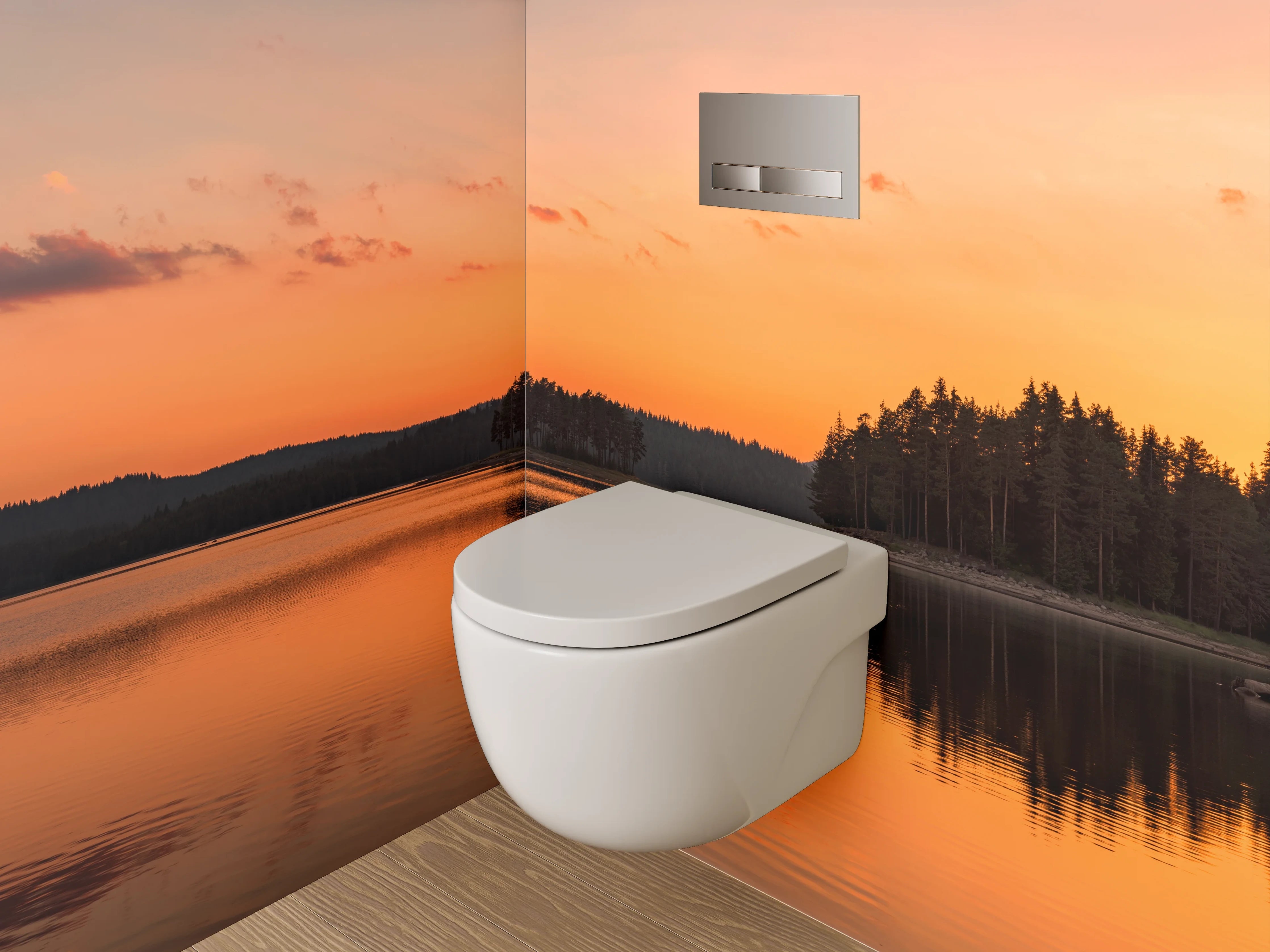 WC-Rückwand - Panorama Sonnenuntergang am Seeufer