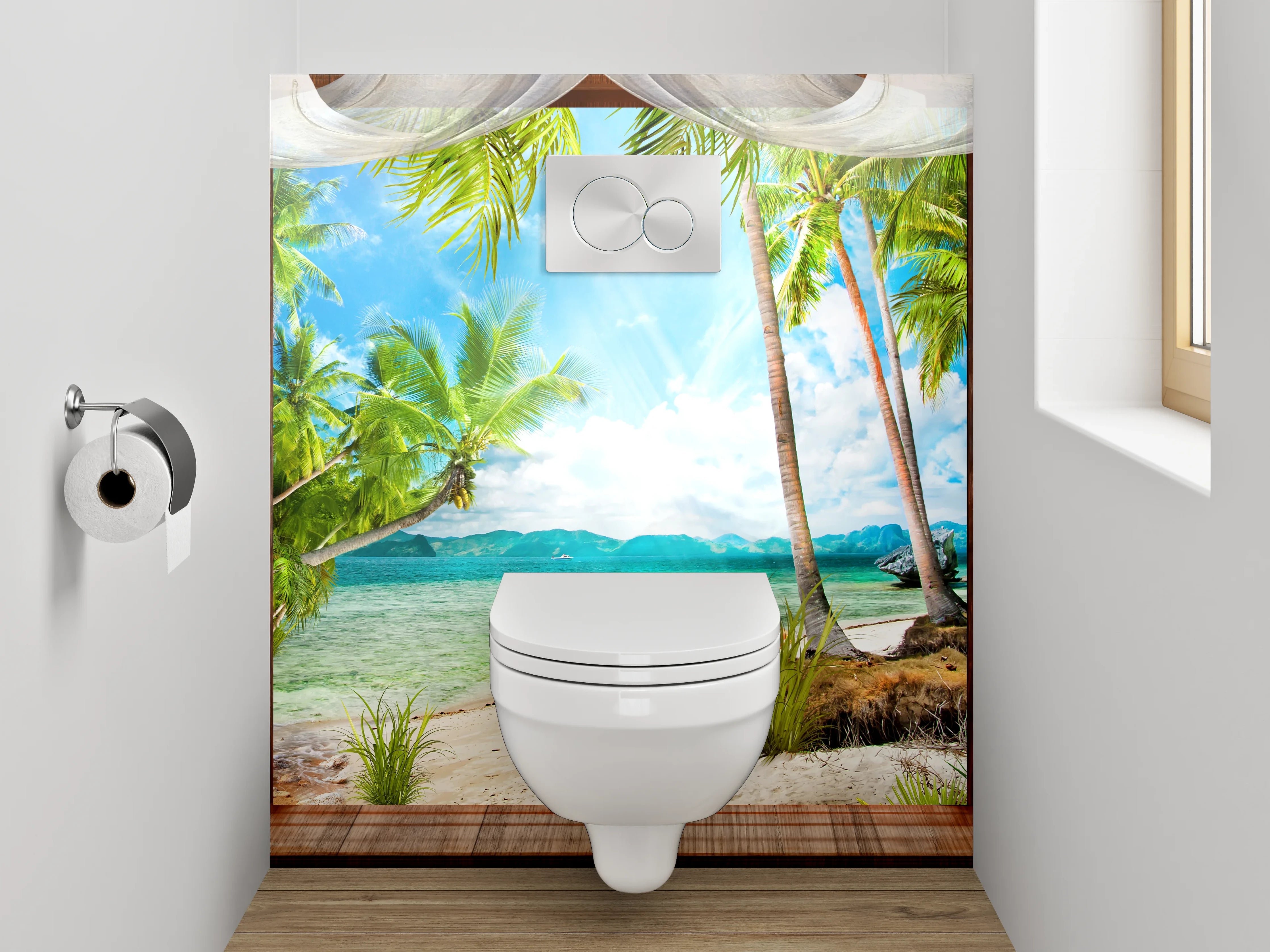 WC-Rückwand - Panorama Strandpalmen mit türkisblauem Meer