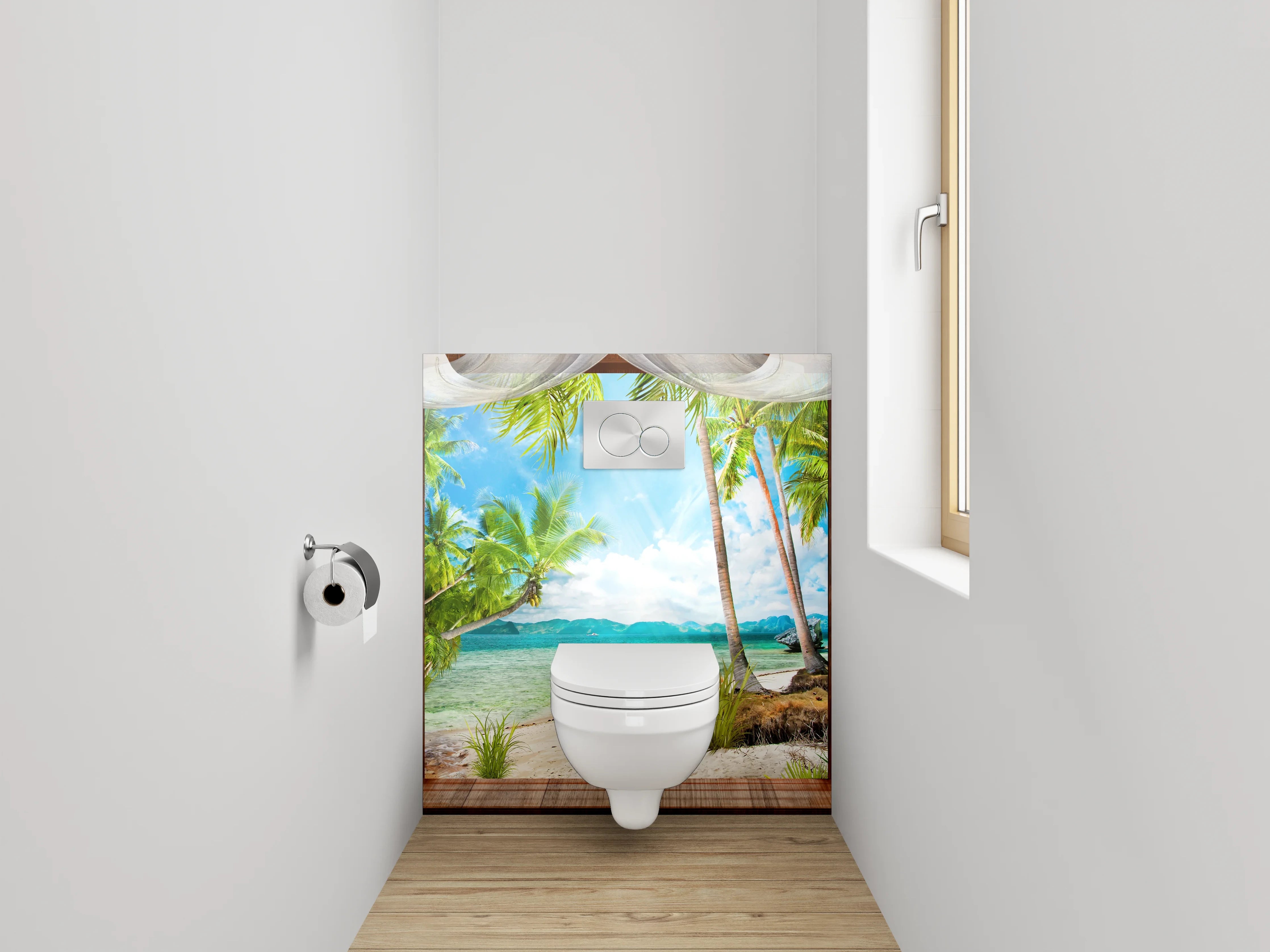 WC-Rückwand - Panorama Strandpalmen mit türkisblauem Meer