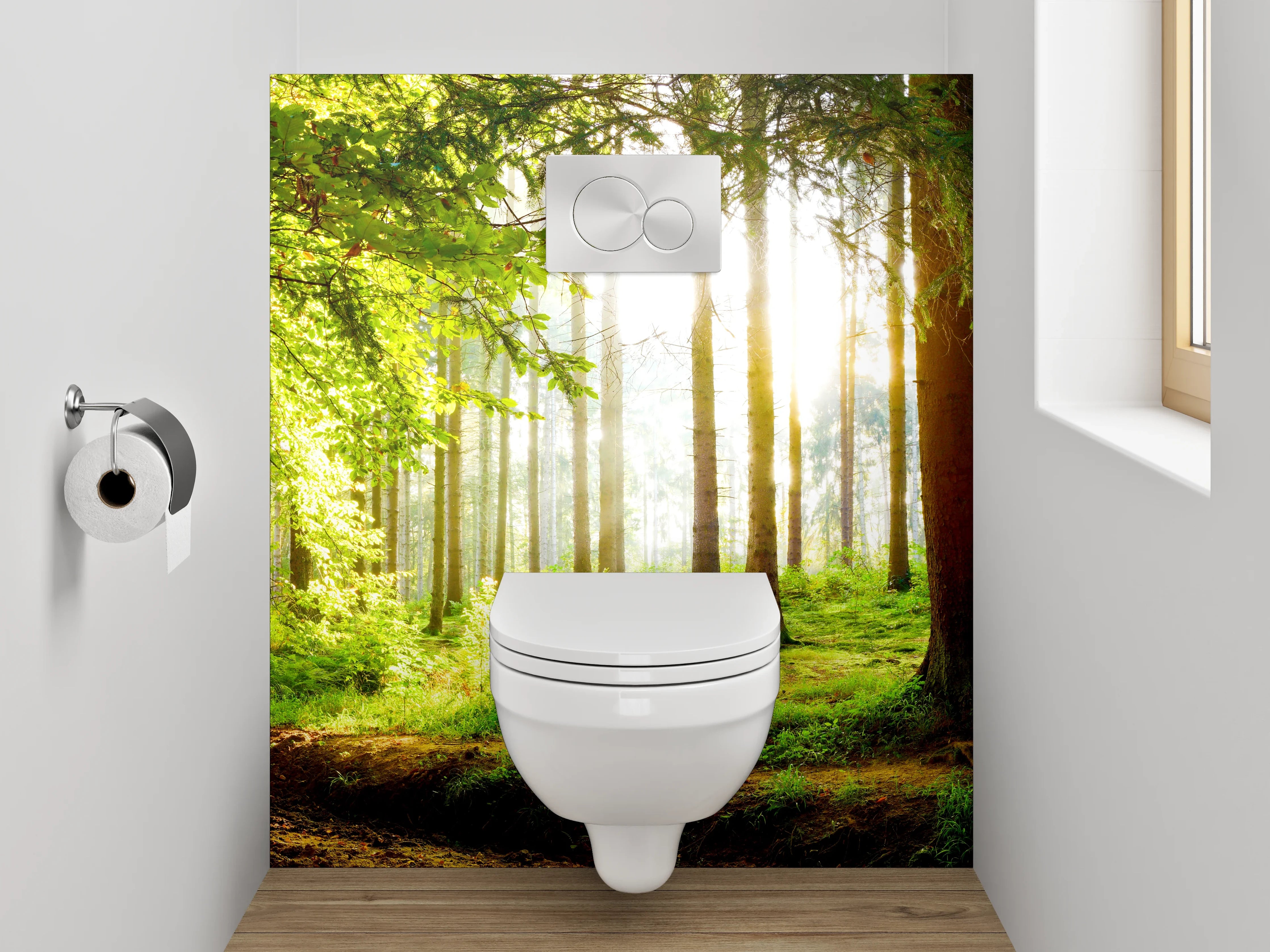 WC-Rückwand - Panorama Wald Sonnenstrahlen Frühling