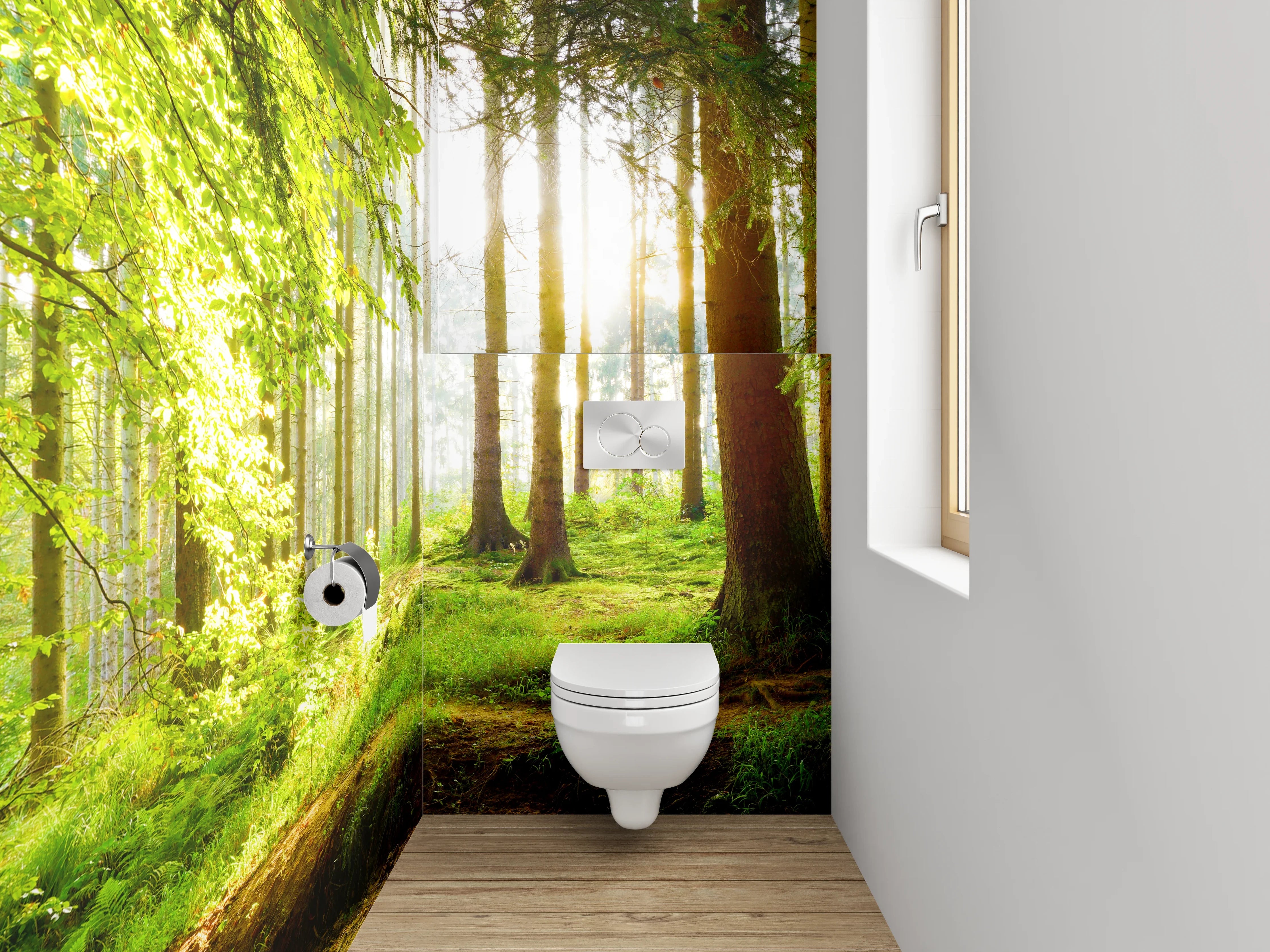 WC-Rückwand - Panorama Wald Sonnenstrahlen Frühling