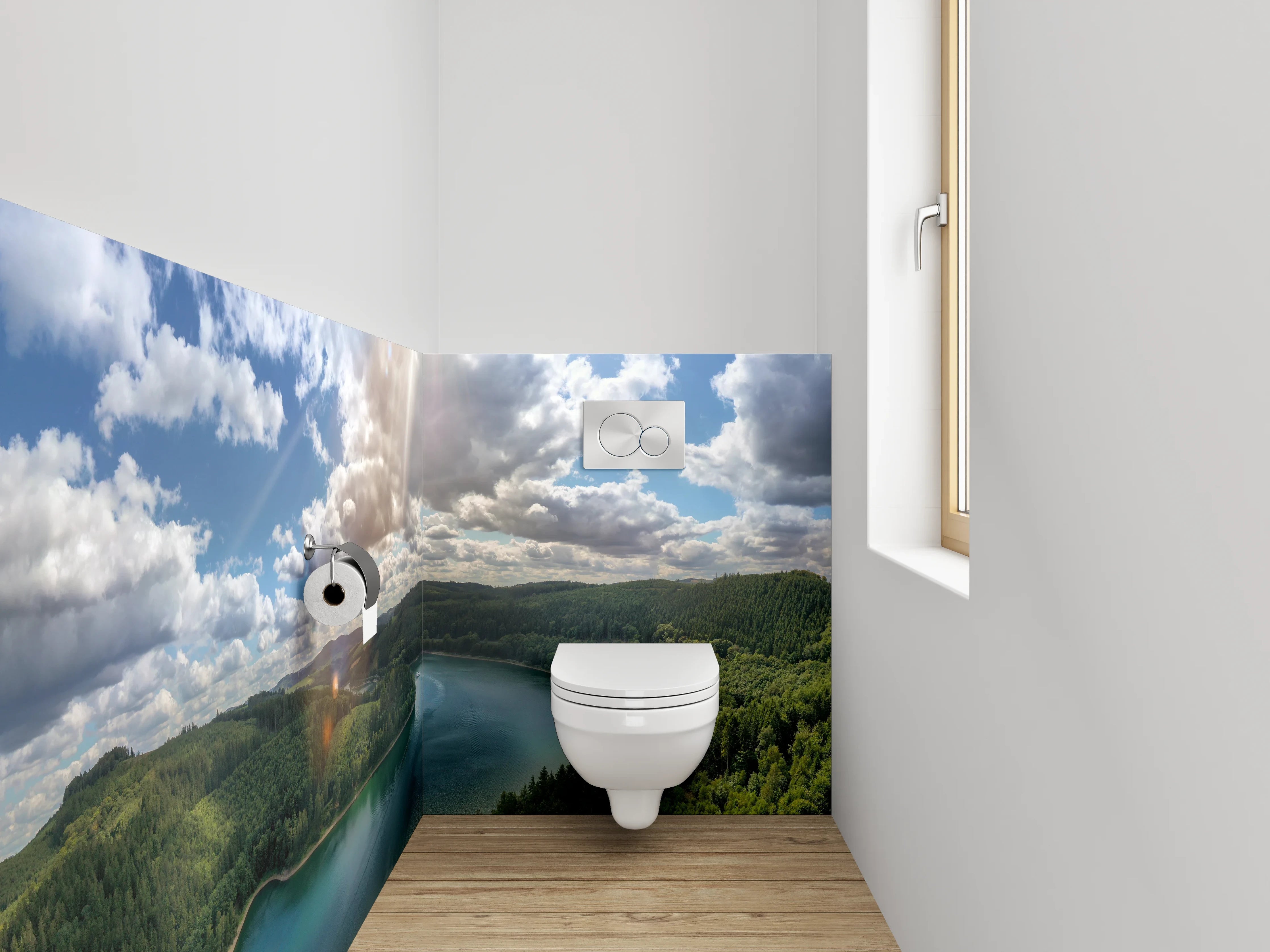 WC-Rückwand - Panorama-Waldsee unter Wolkenhimmel