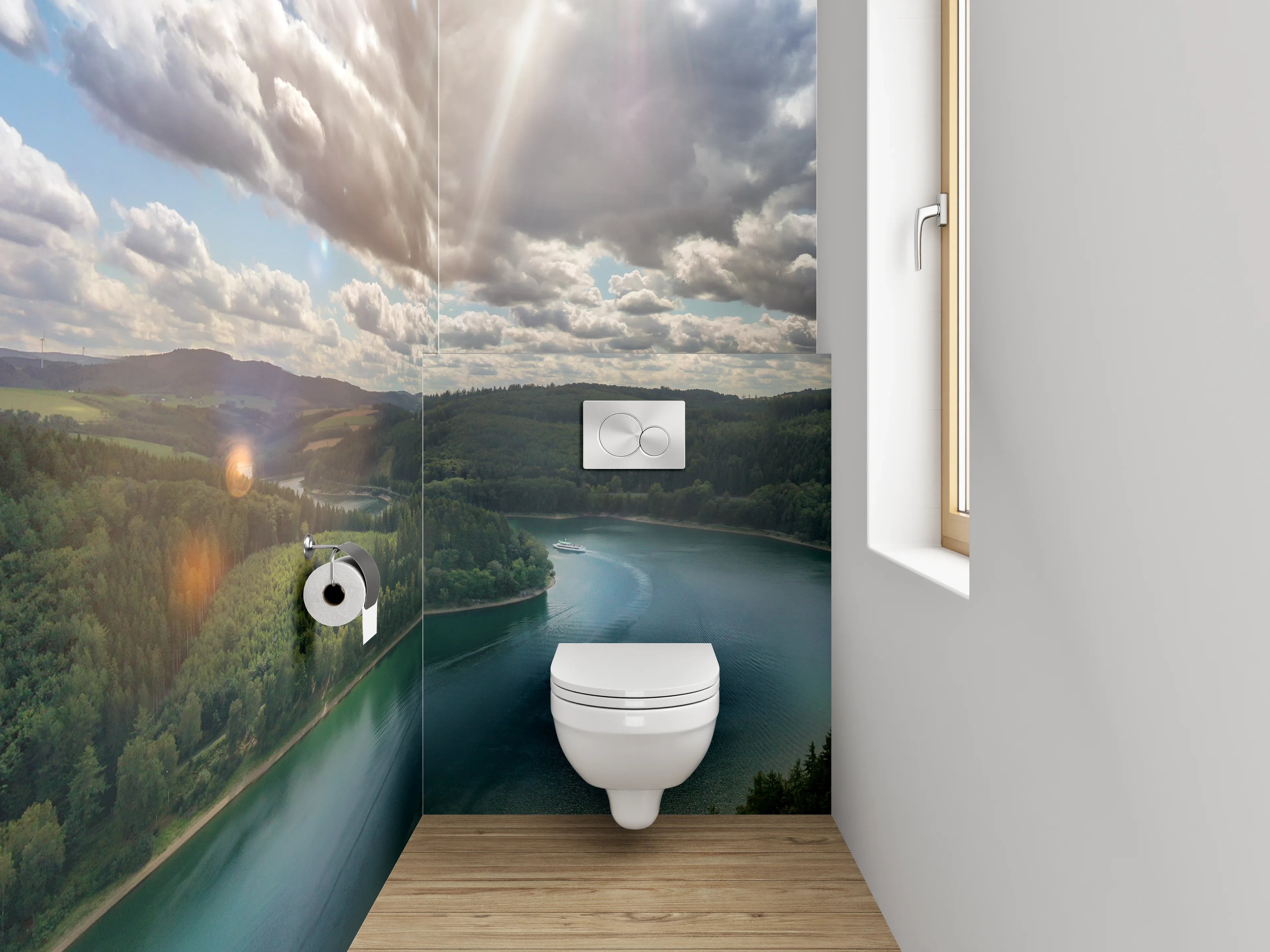 WC-Rückwand - Panorama-Waldsee unter Wolkenhimmel
