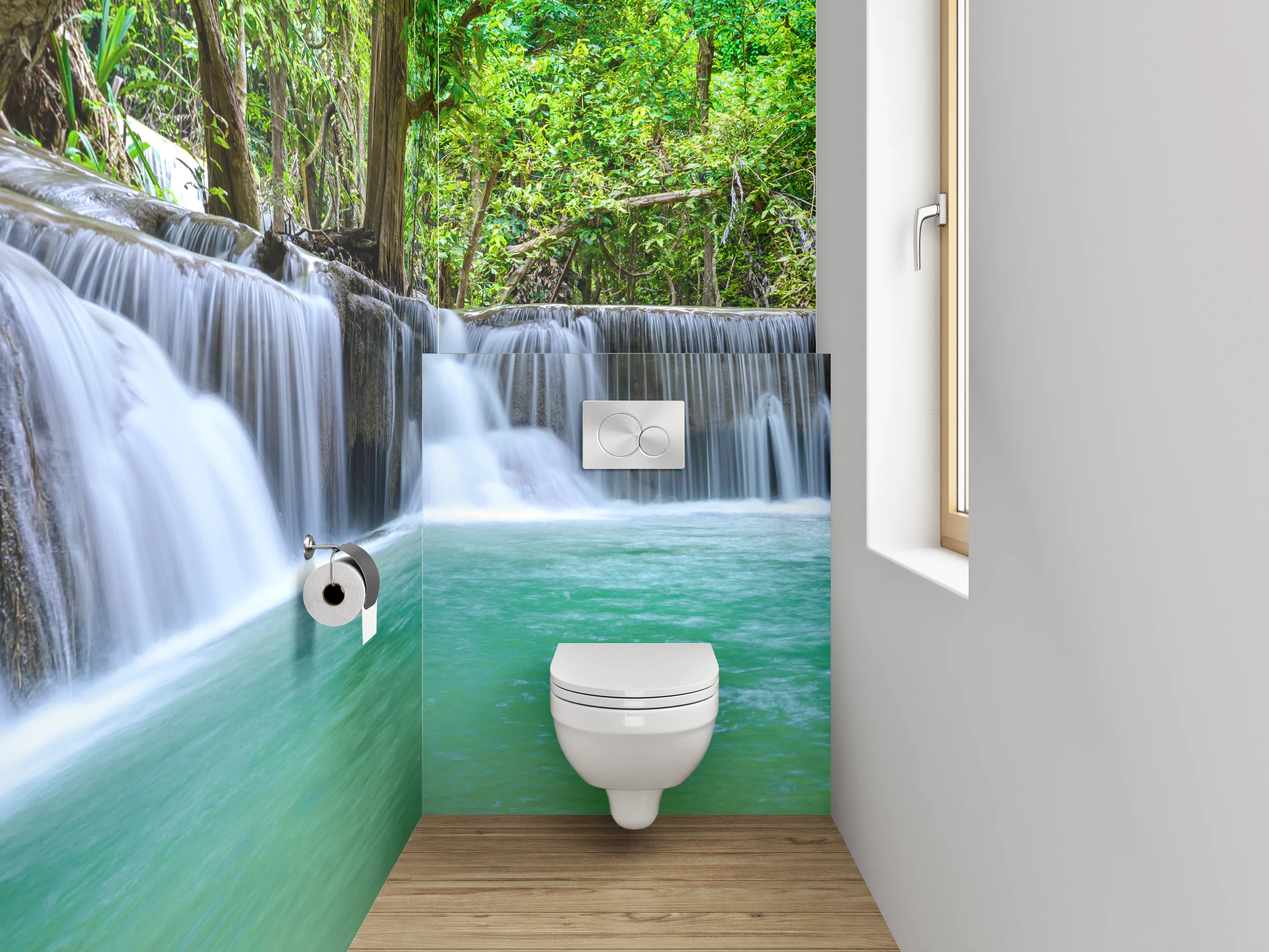 WC-Rückwand - Panorama Wasserfall im grünen Wald