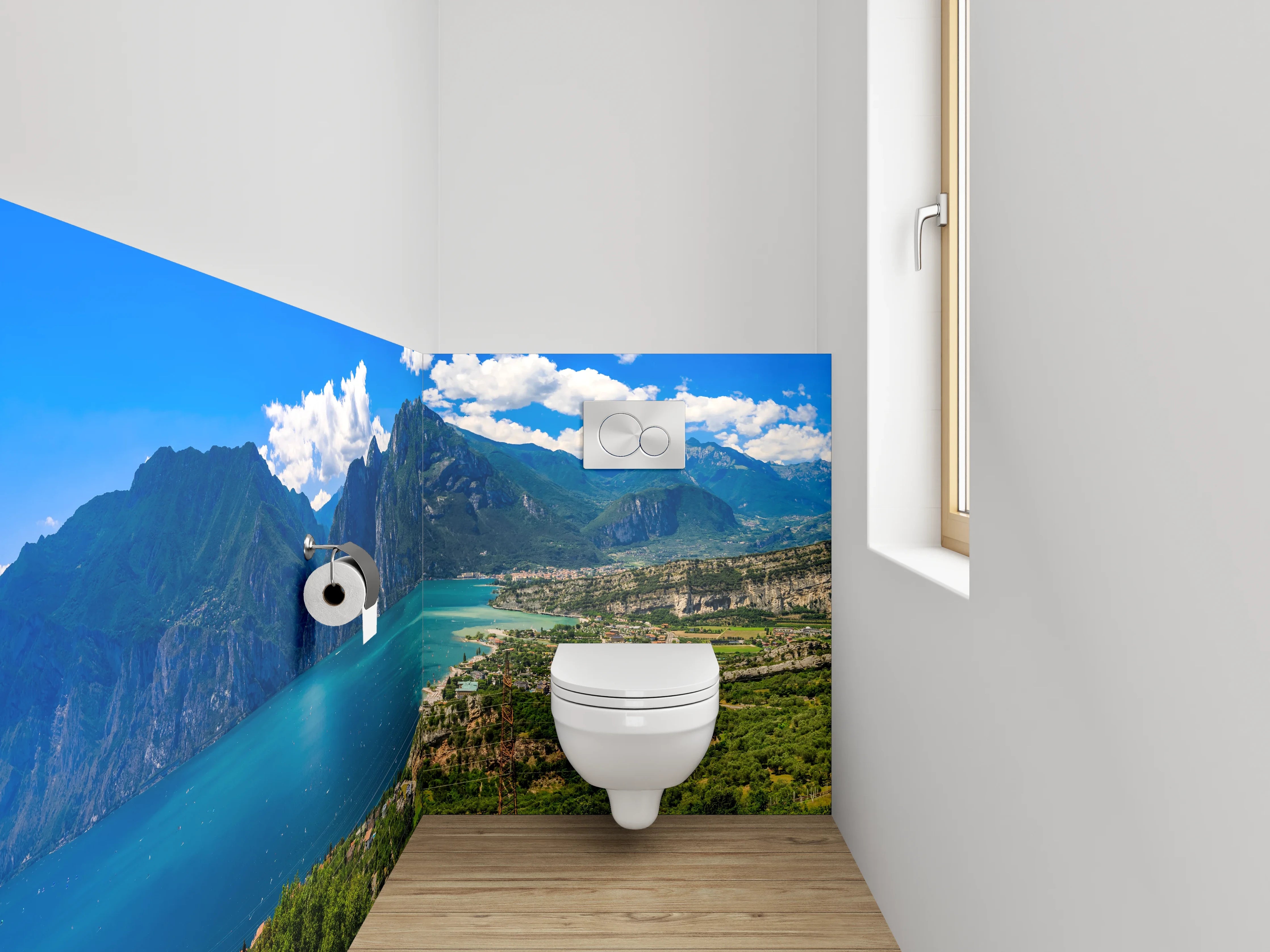 WC-Rückwand - Panoramablick Gardasee mit Bergen
