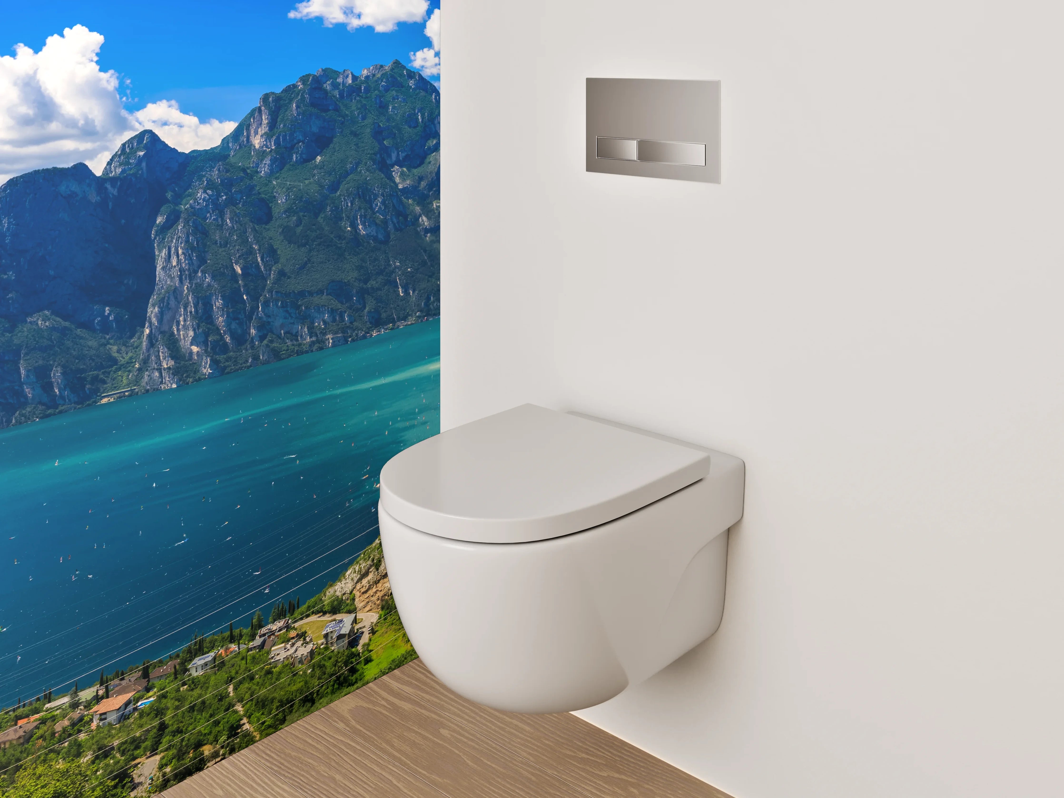 WC-Rückwand - Panoramablick Gardasee mit Bergen