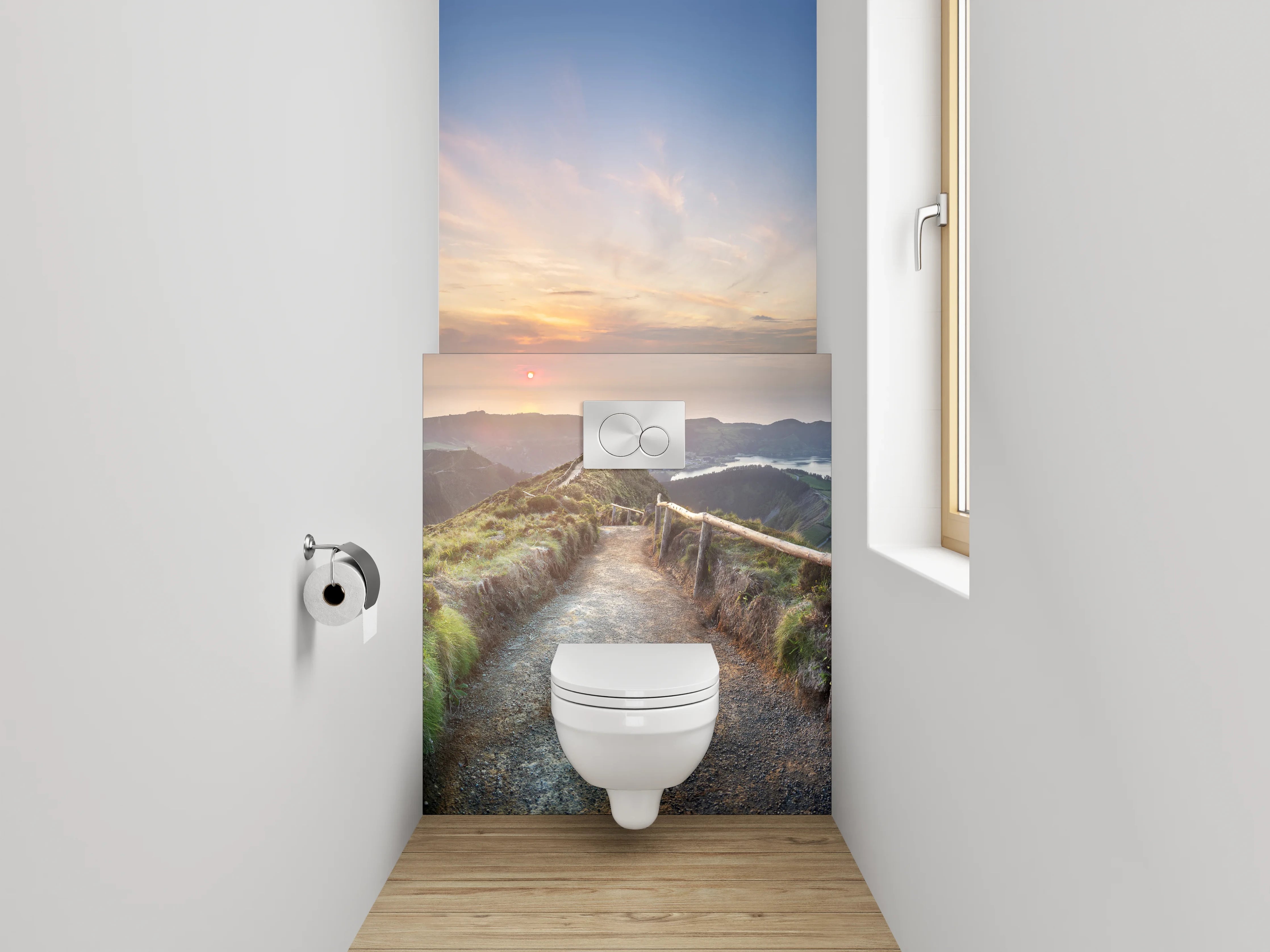 WC-Rückwand - Panoramablick Wanderweg Sonnenuntergang