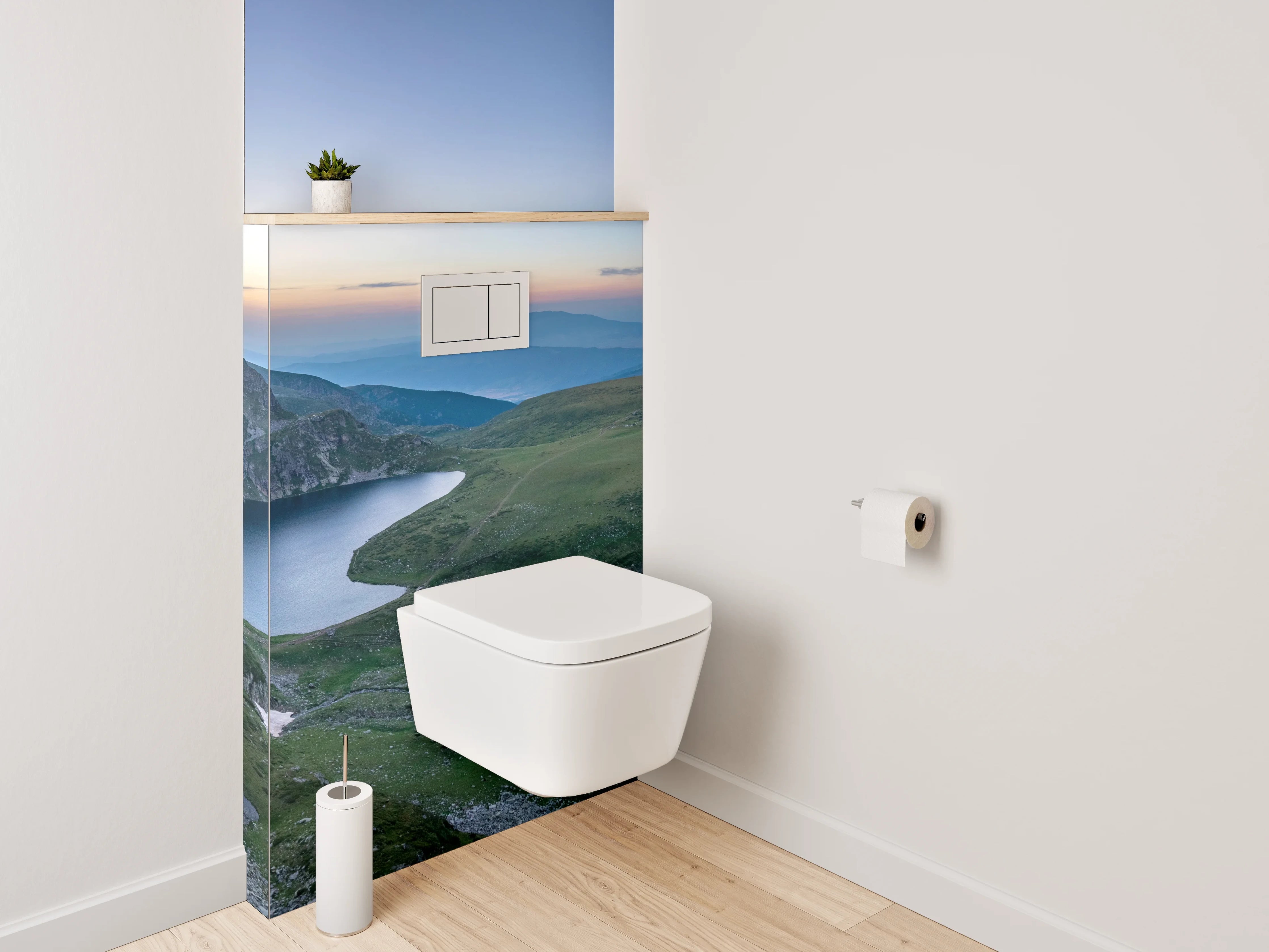 WC-Rückwand - Panoramablick auf Gebirgsseen im Morgenlicht