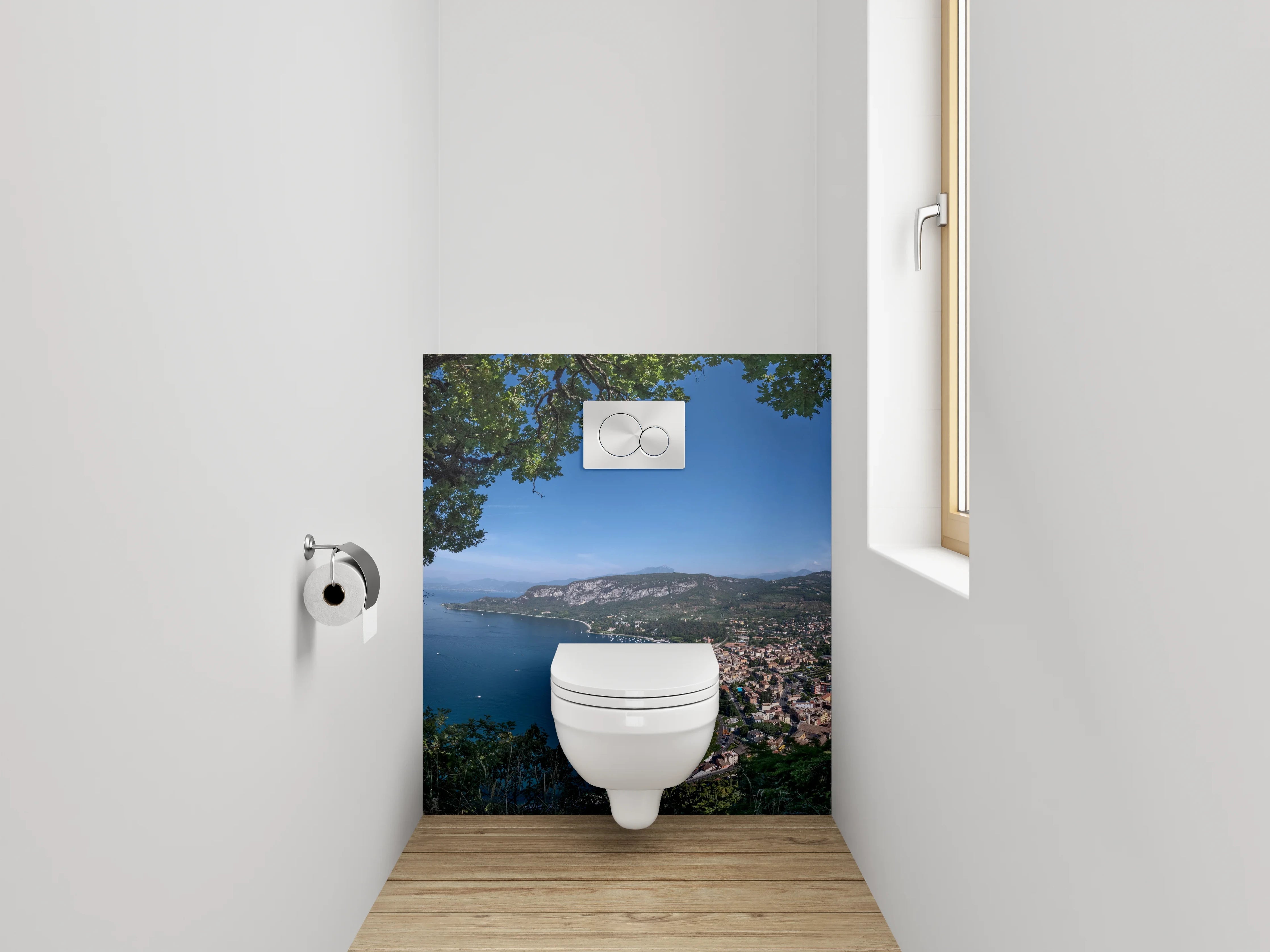 WC-Rückwand - Panoramablick auf See und Berge