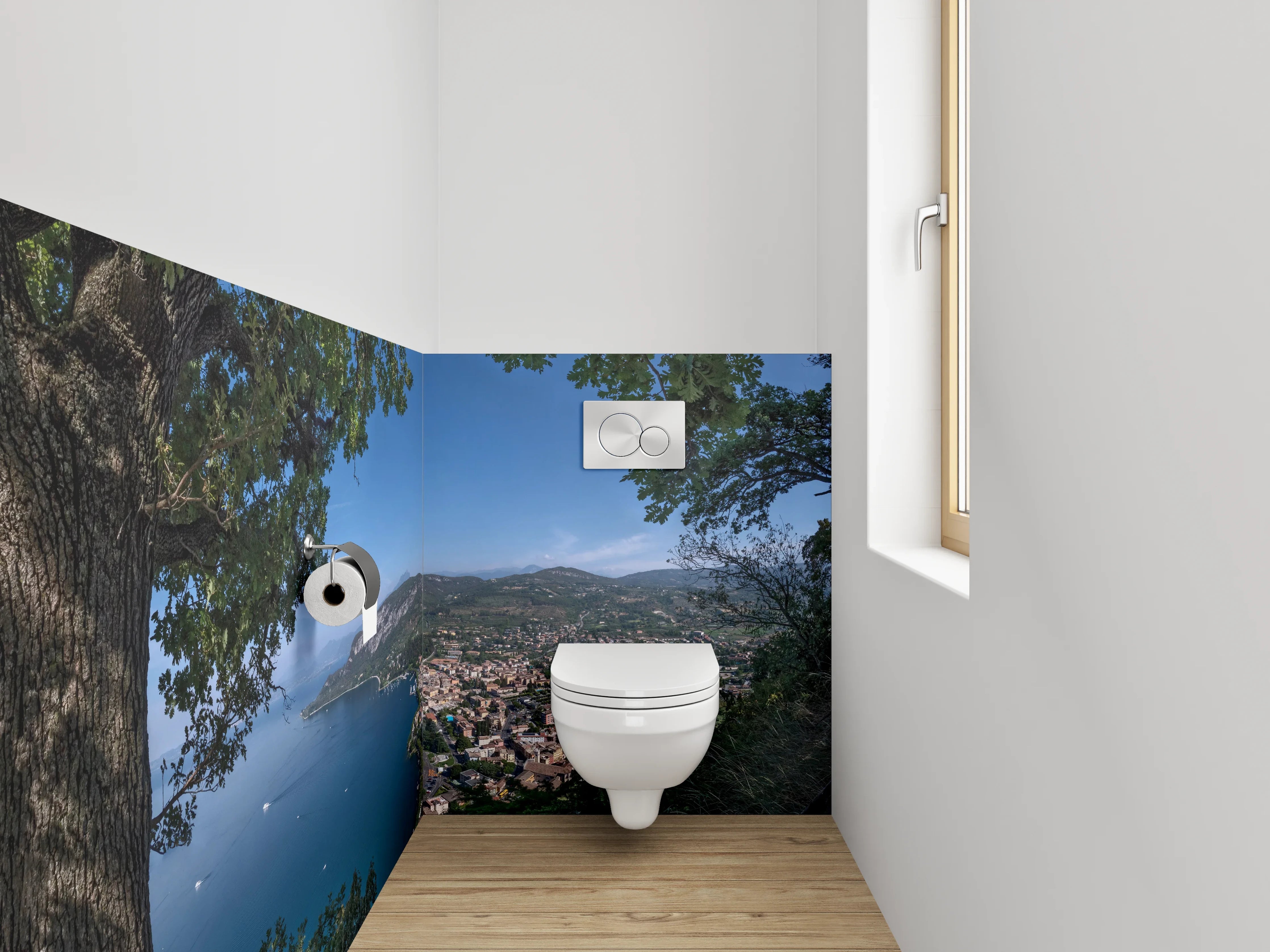 WC-Rückwand - Panoramablick auf See und Berge