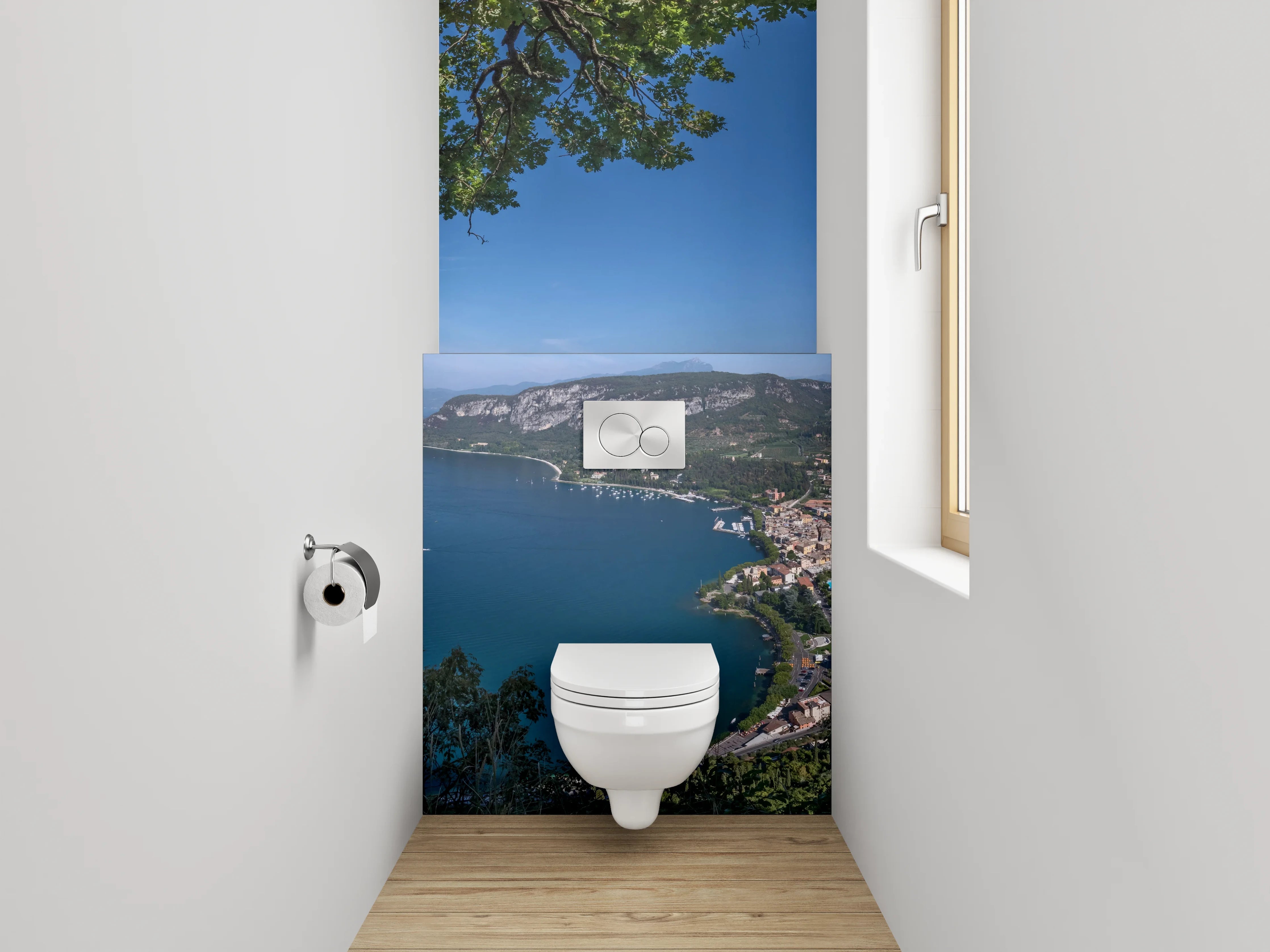 WC-Rückwand - Panoramablick auf See und Berge