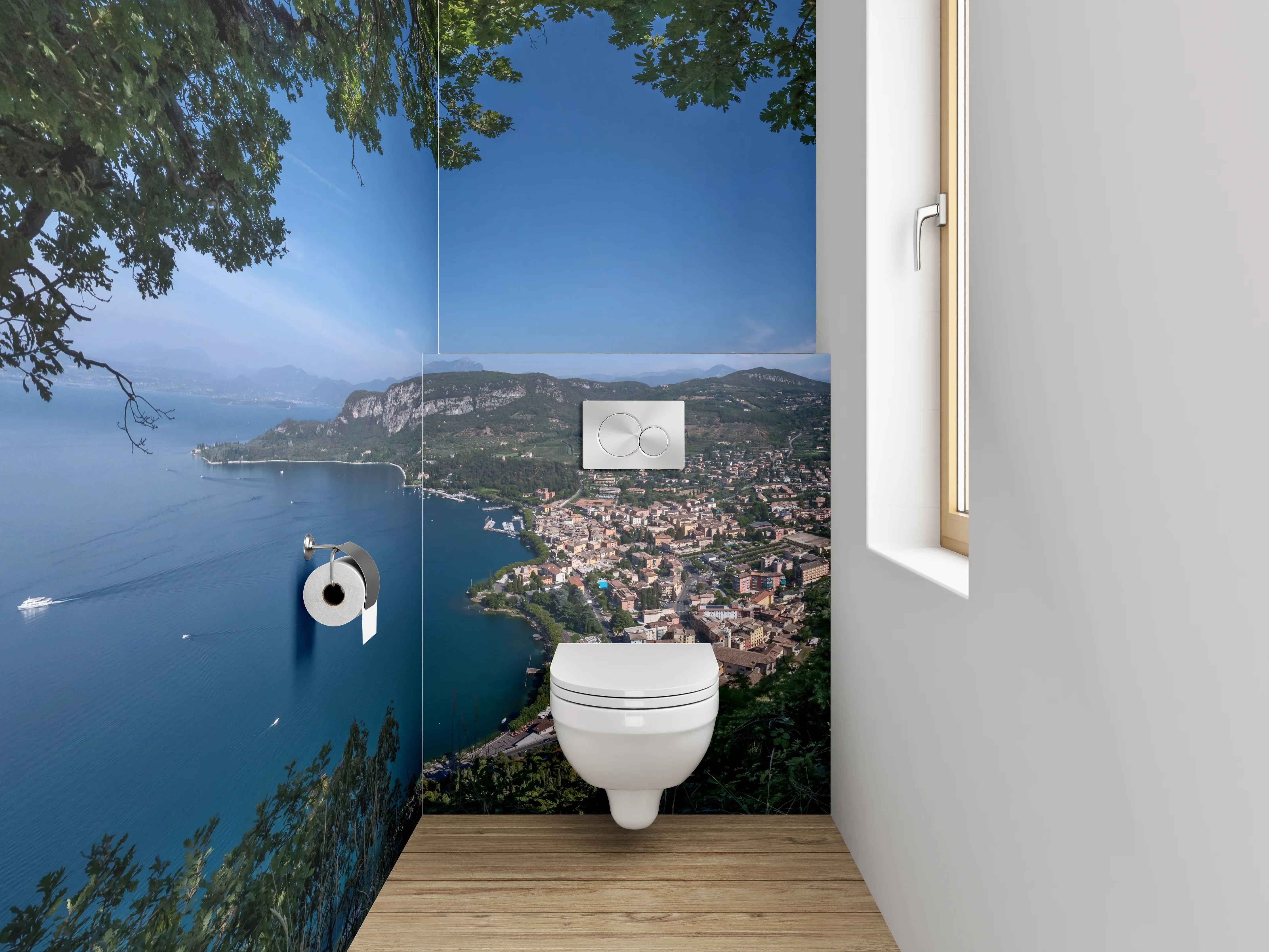 WC-Rückwand - Panoramablick auf See und Berge