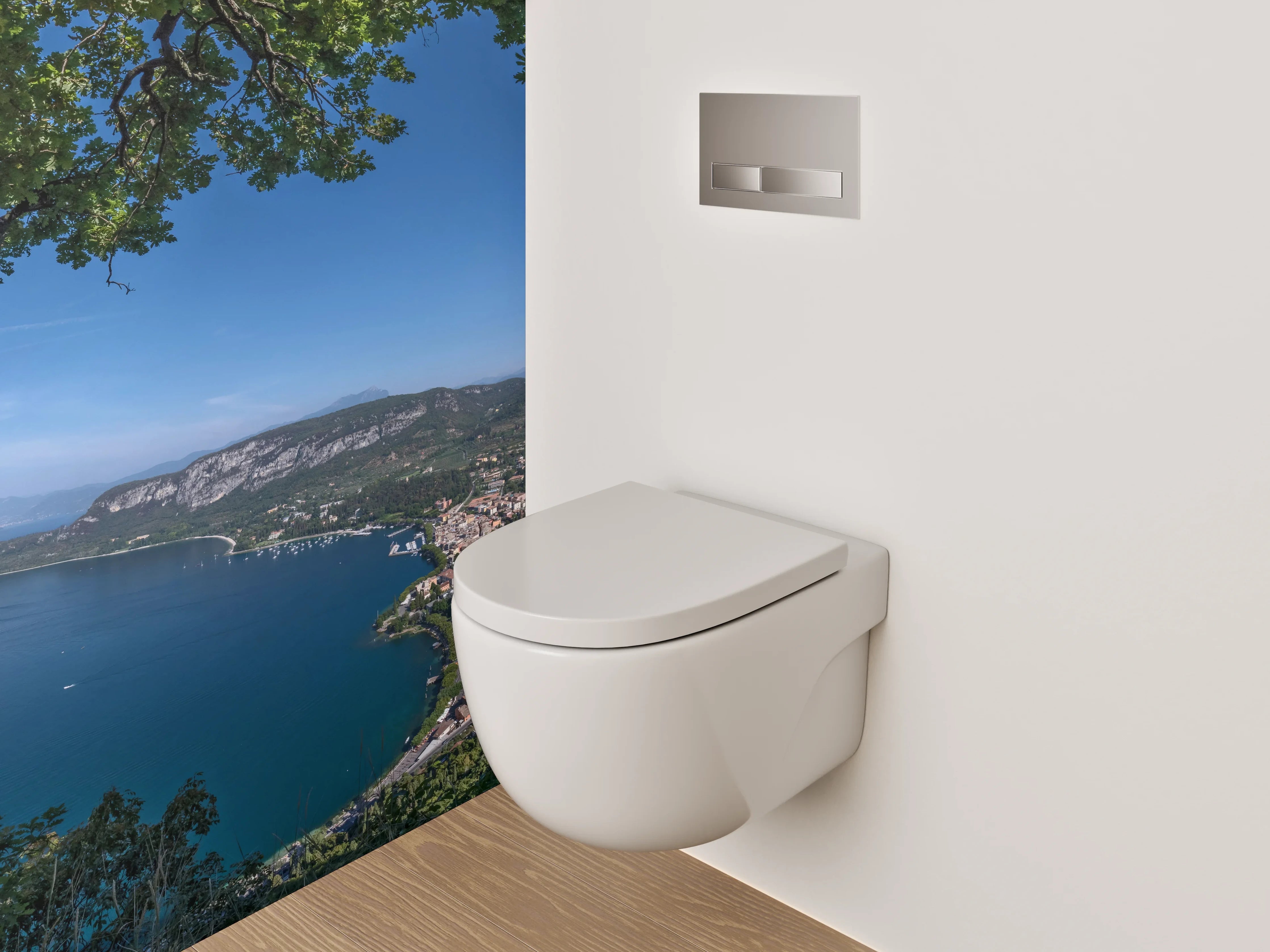 WC-Rückwand - Panoramablick auf See und Berge