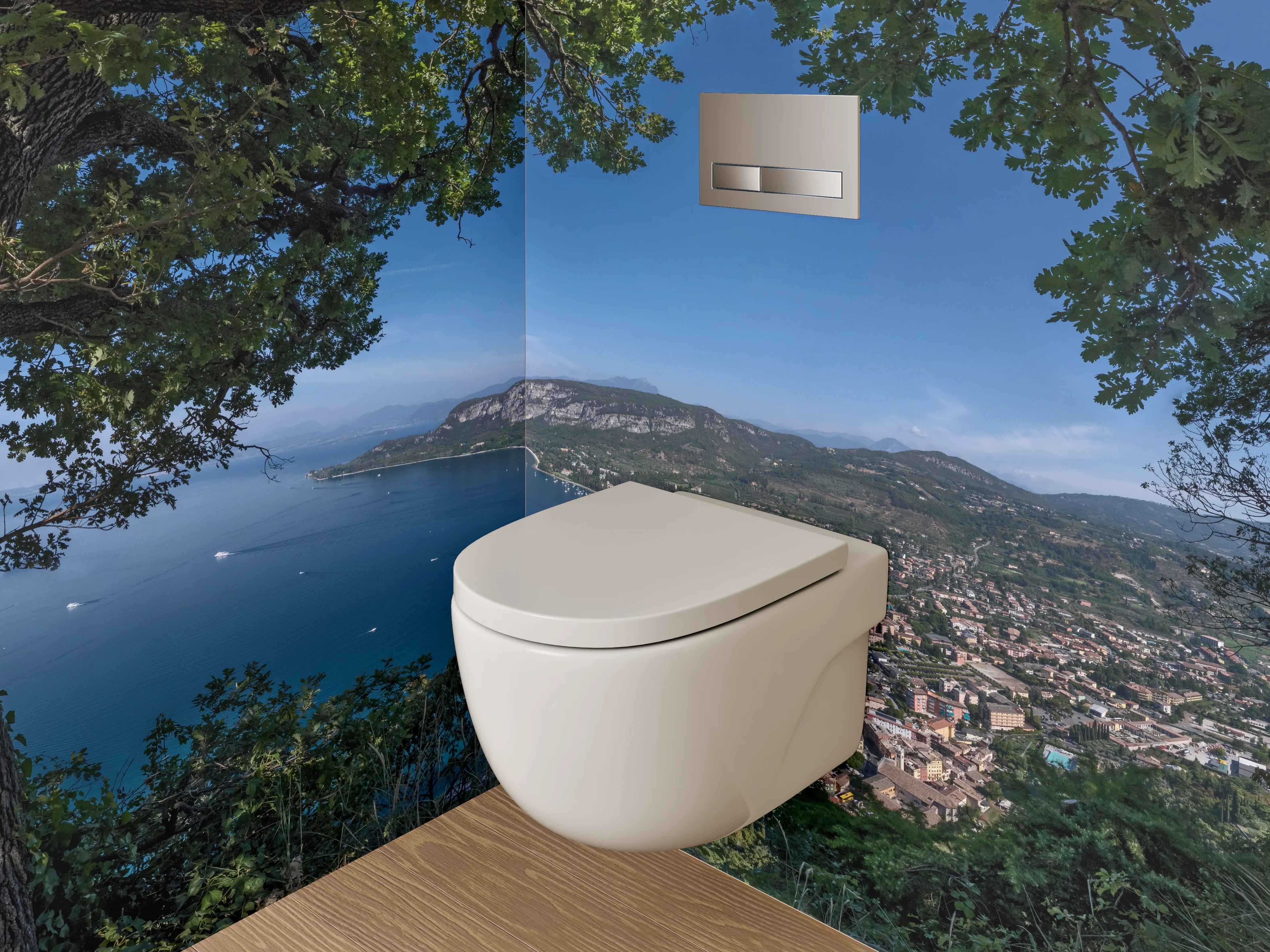 WC-Rückwand - Panoramablick auf See und Berge
