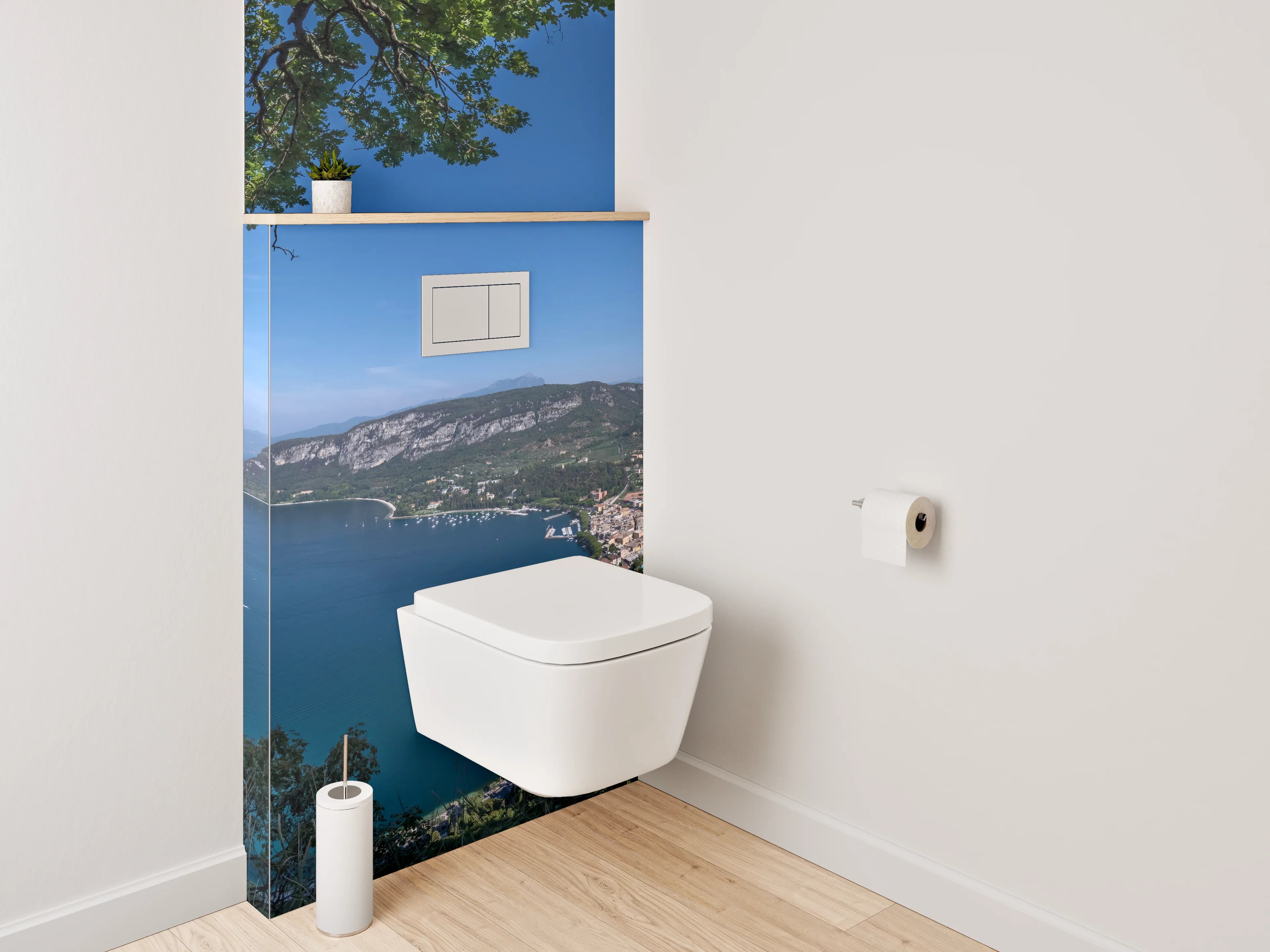 WC-Rückwand - Panoramablick auf See und Berge