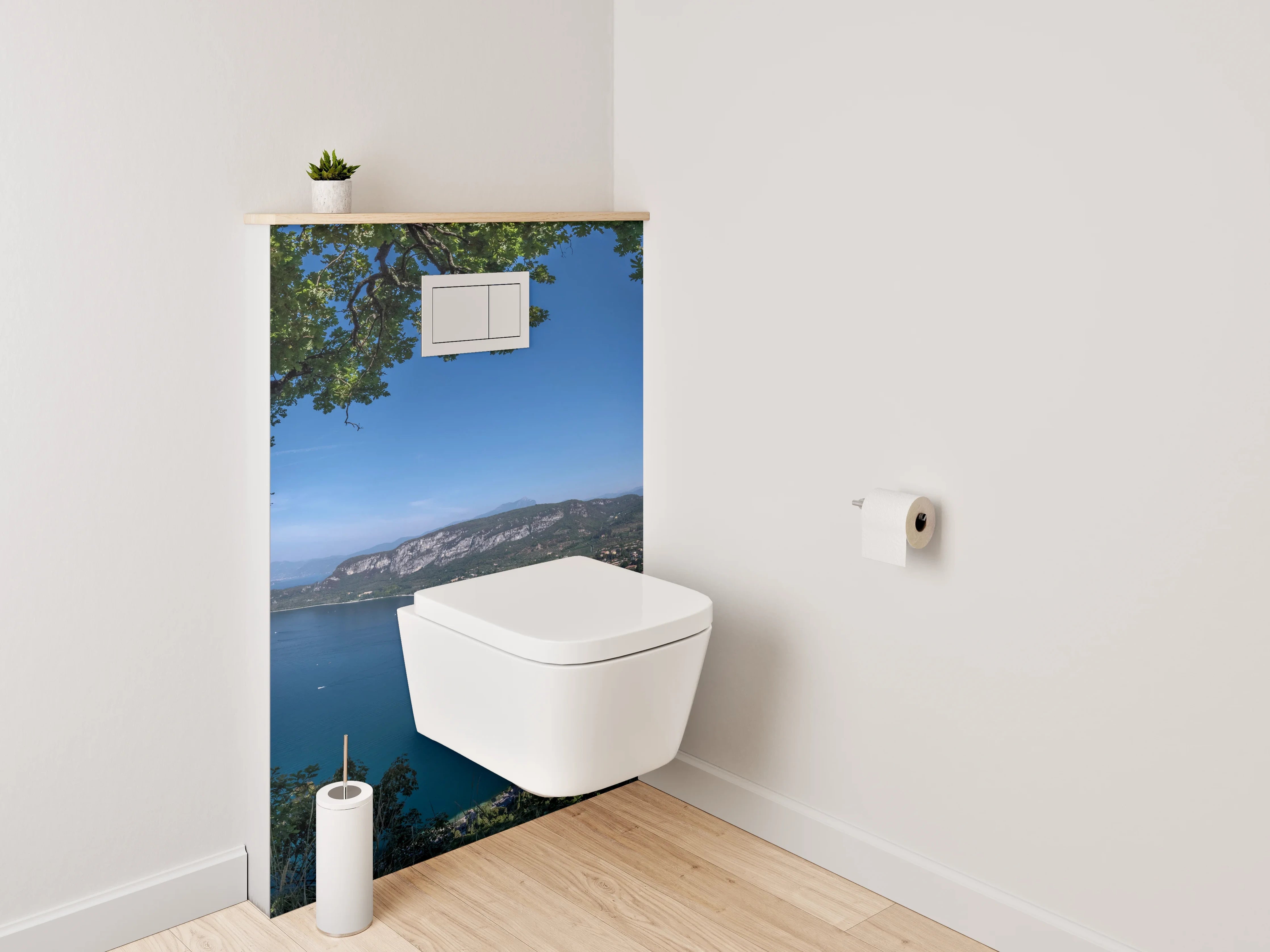 WC-Rückwand - Panoramablick auf See und Berge
